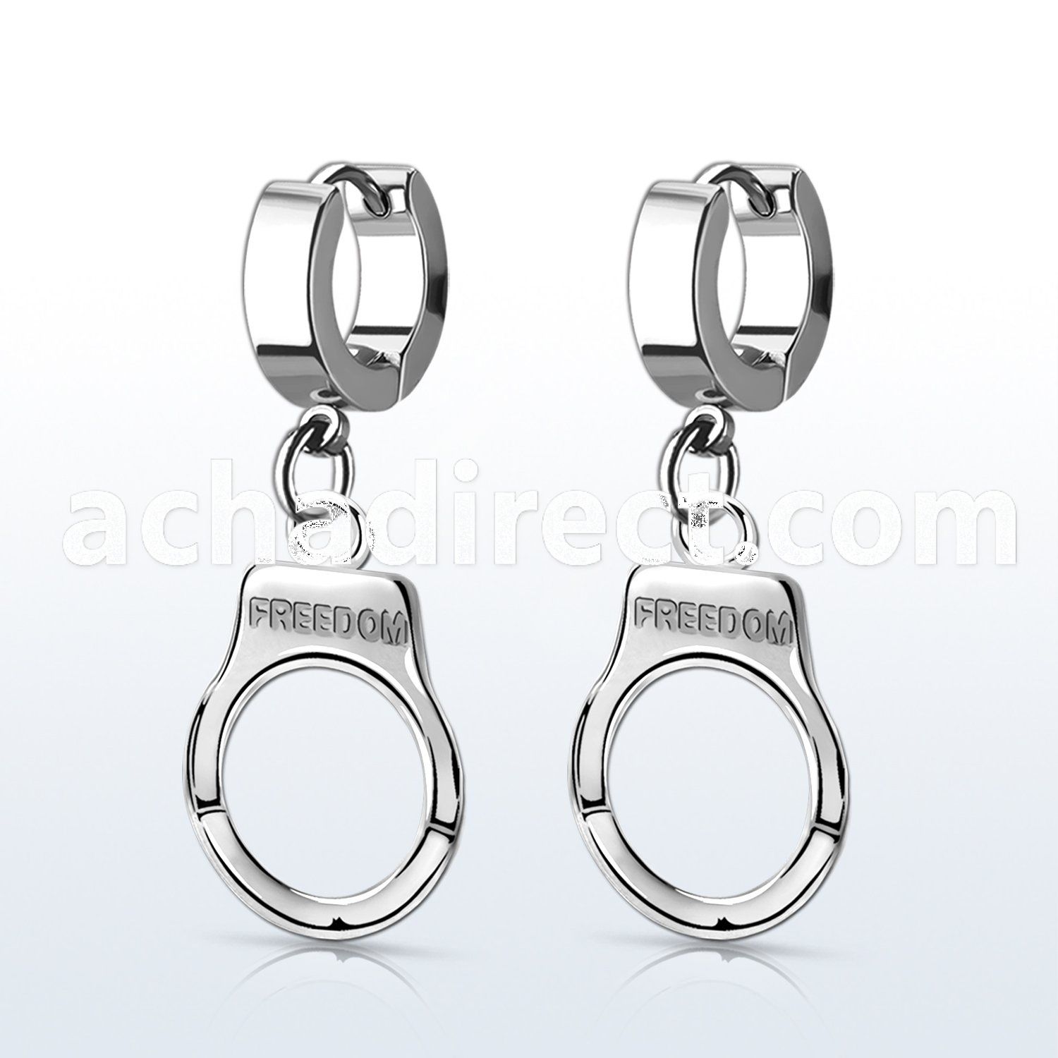 erh765 stainless steel huggie earring w a dangling handcuff