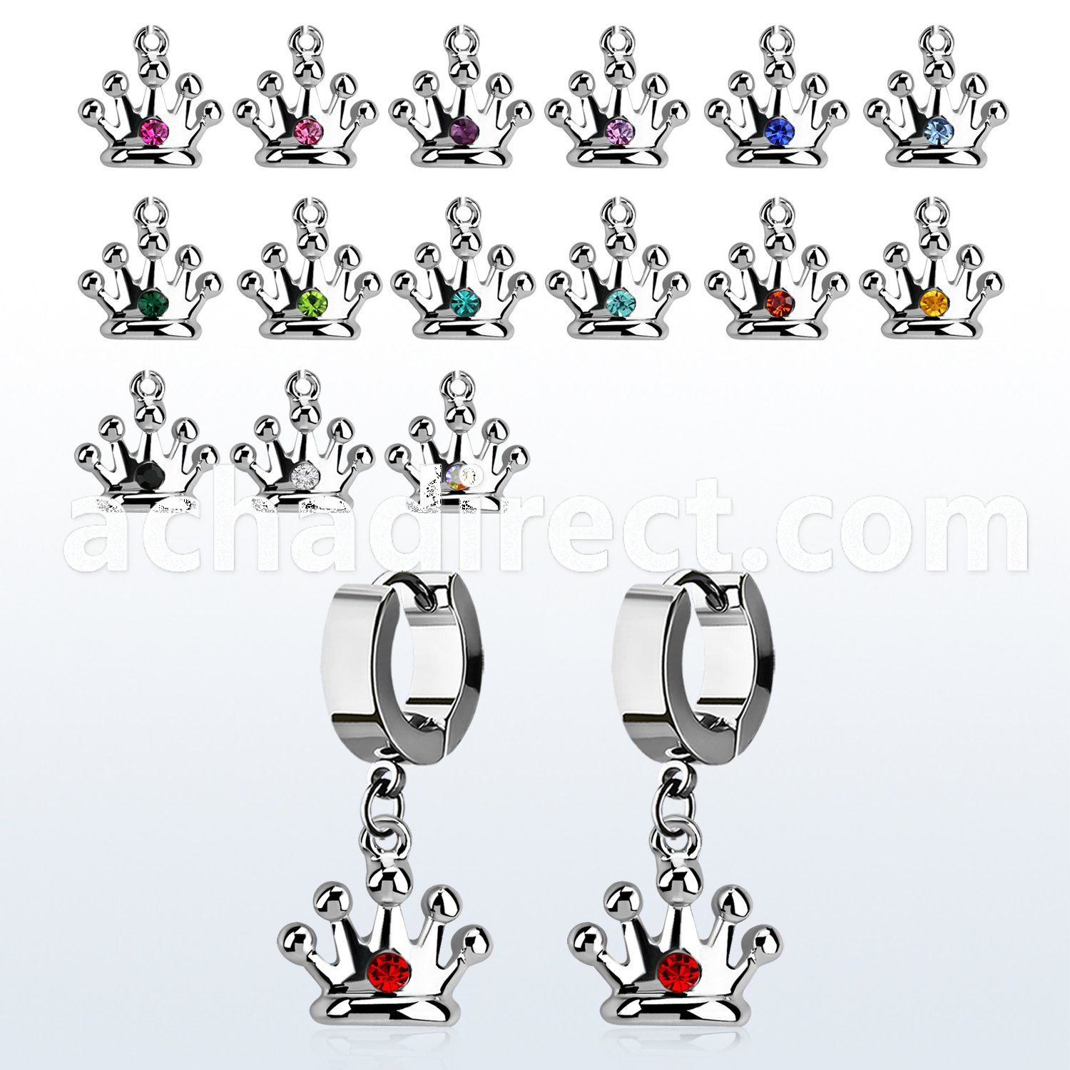 erhcr2 steel huggies earrings w dangling crown w single crystal