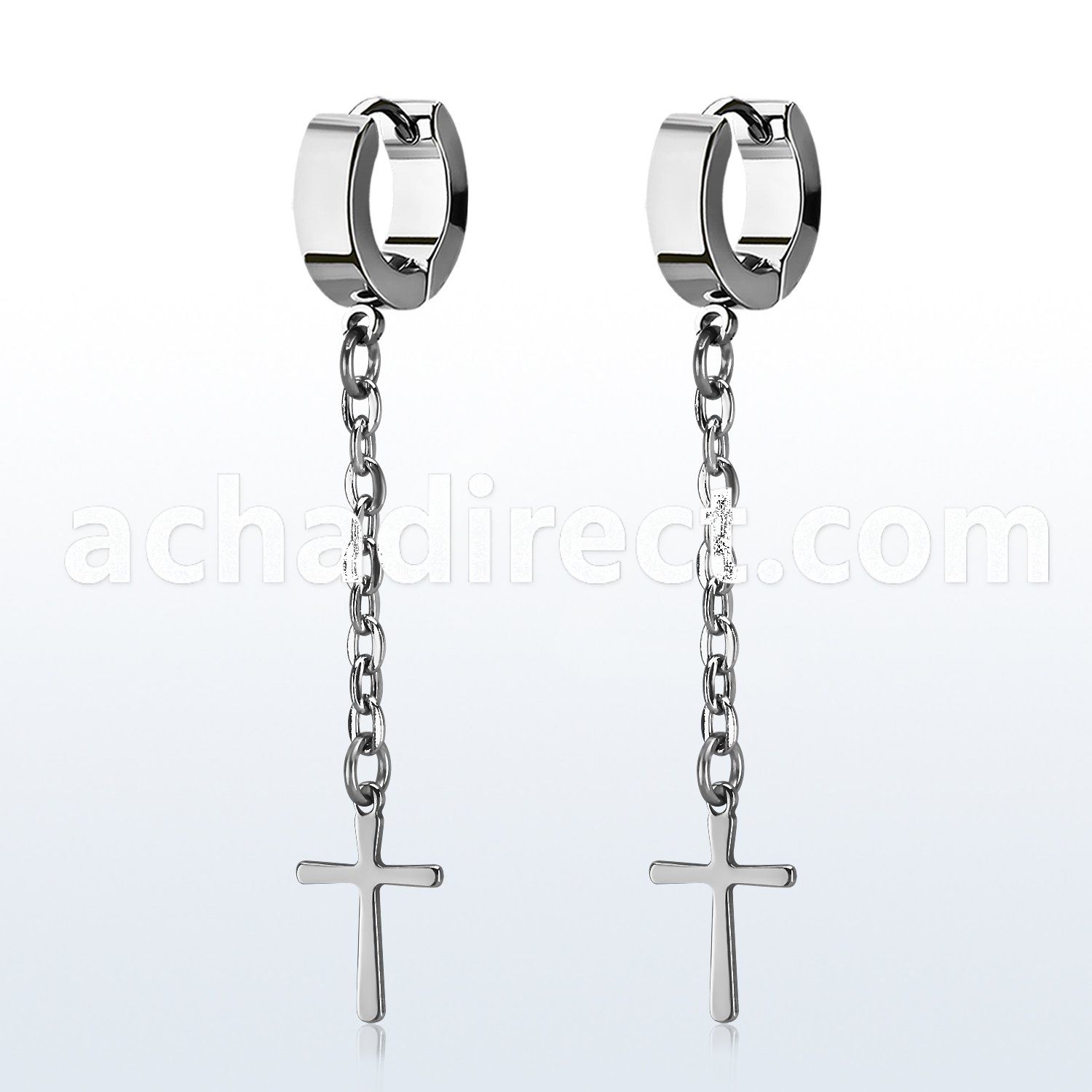 erhlcrs stainless steel huggies w small crosses on chains 