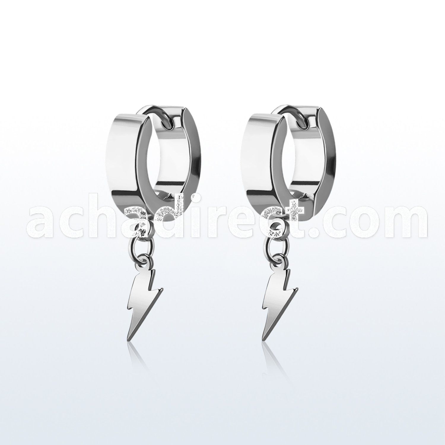 erhlit pair of steel huggies earrings w dangling lightning sign