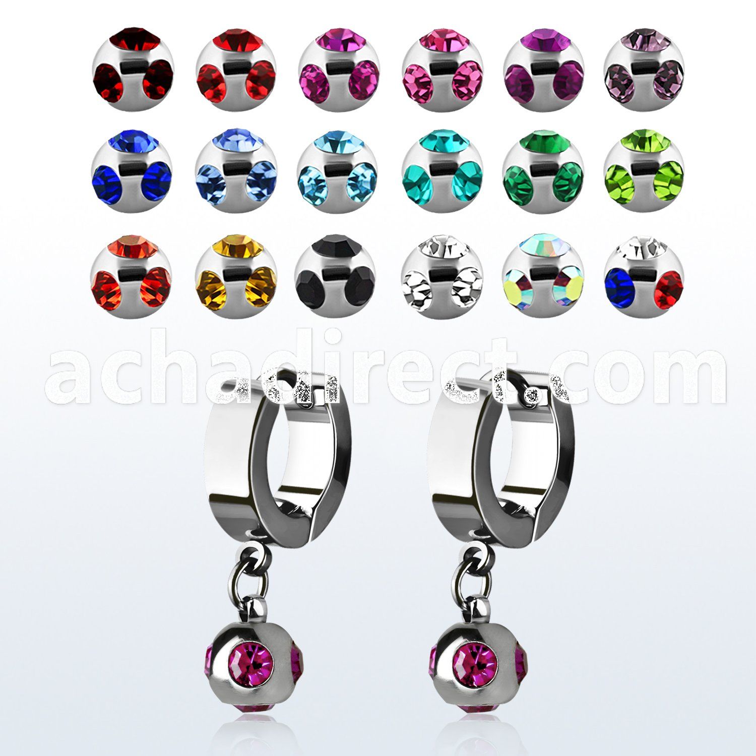 erhmj6 steel huggies earrings w dangling 6mm multi jewel balls