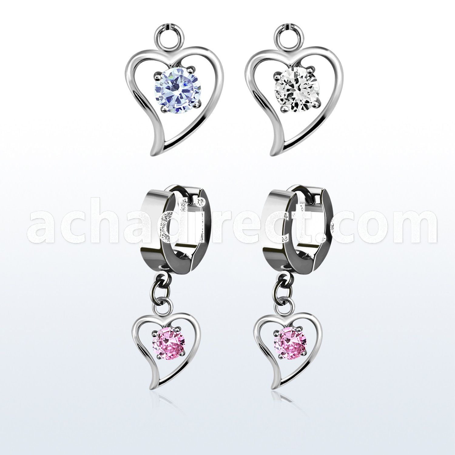 erhz17 steel huggies earrings w round cz inside heart dangling