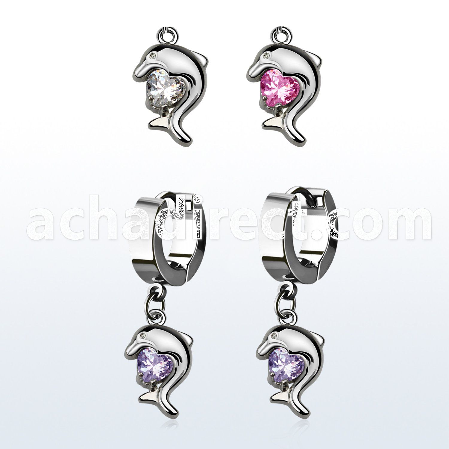 erhz300 steel huggies earrings w dangling dolphin design w cz