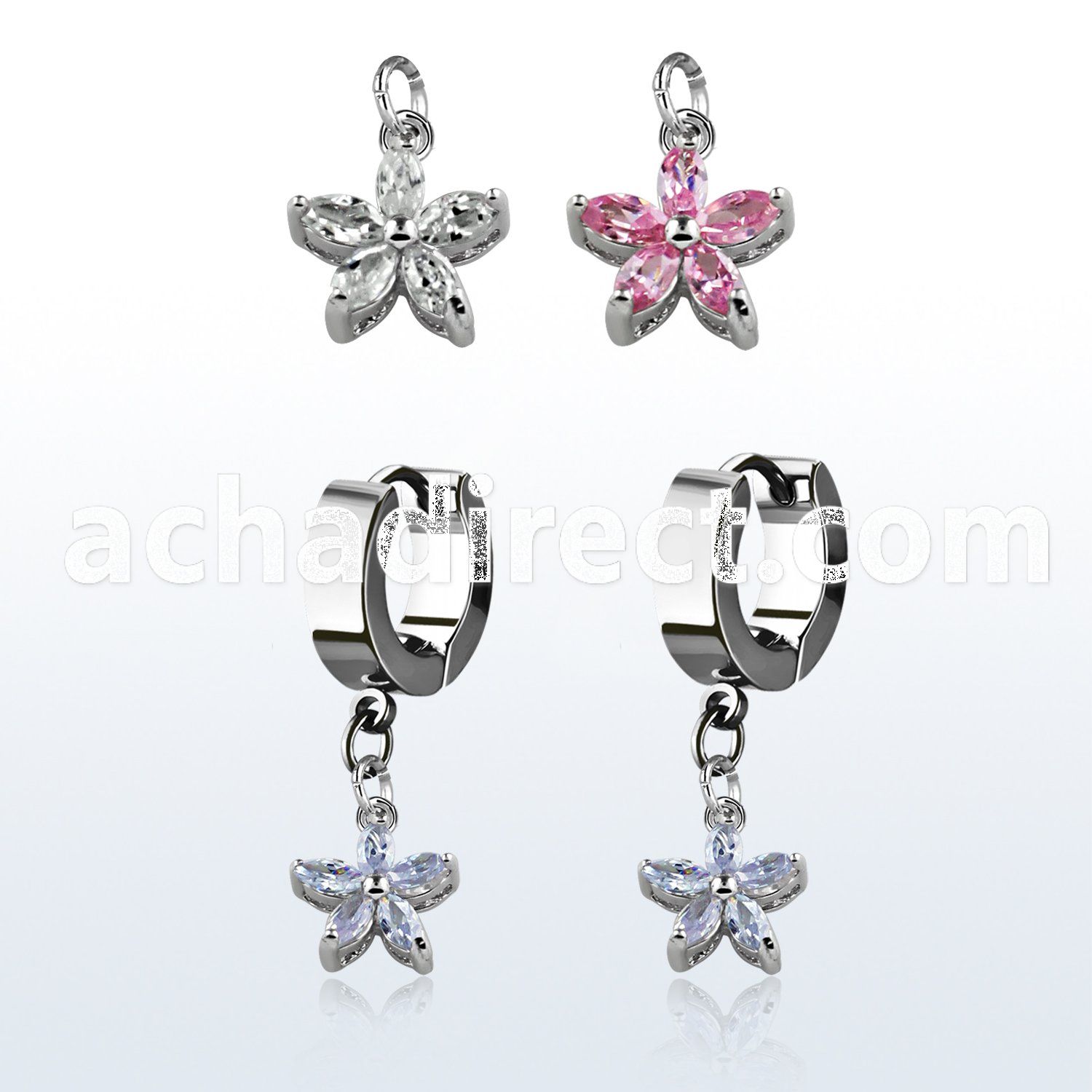 erhz319 steel huggies earrings w dangling flower w cz petals