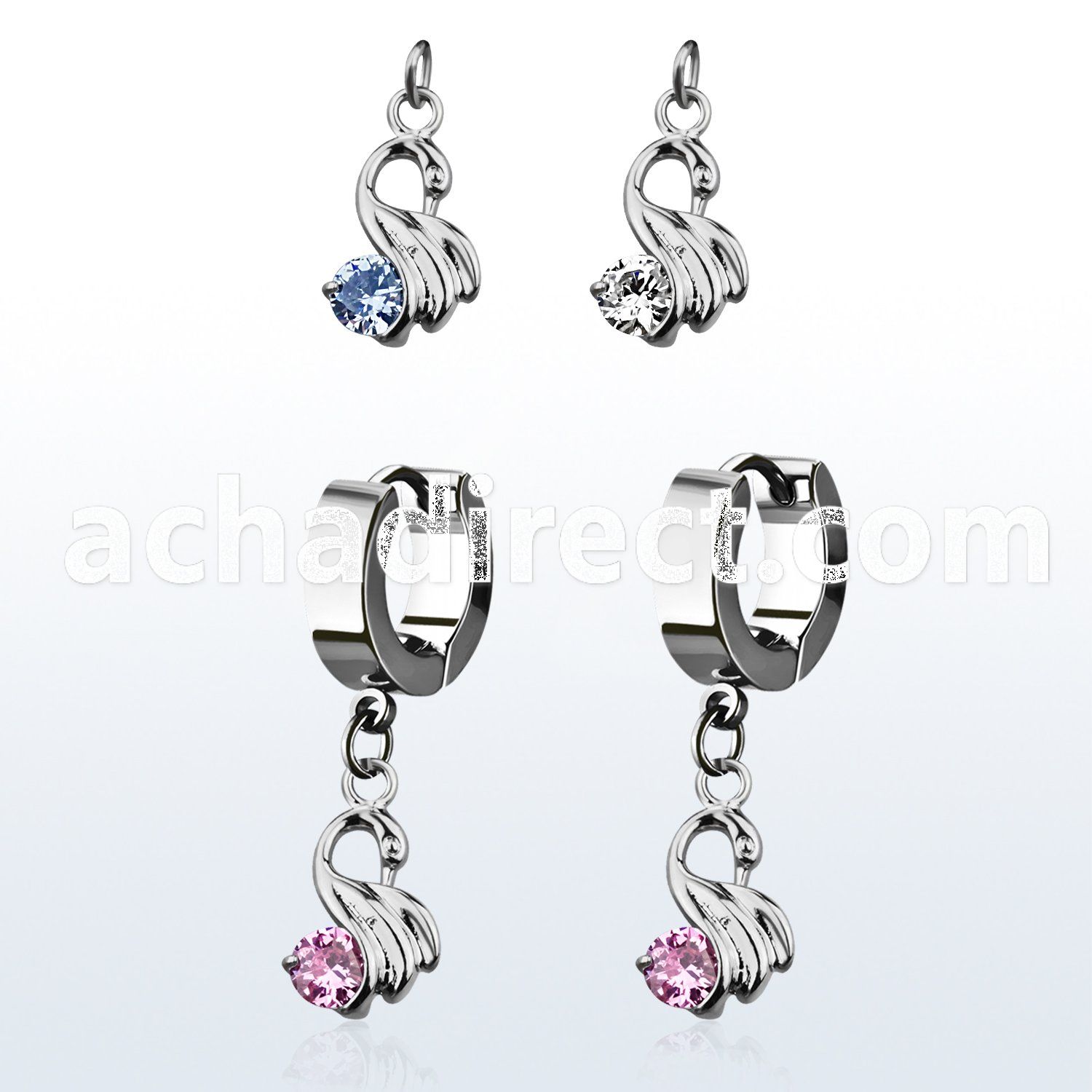 erhz375 steel huggies earrings w dangling little swan w round cz