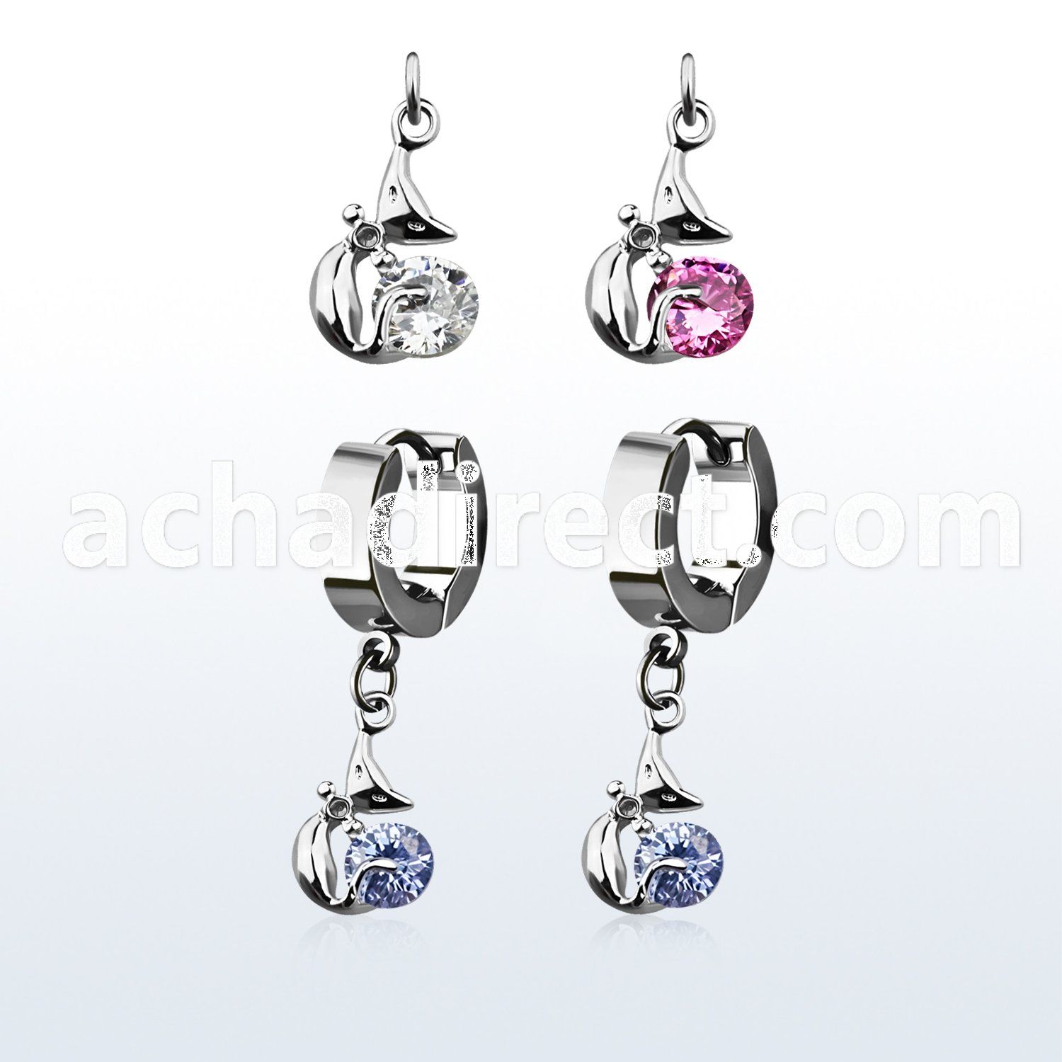 erhz378 steel huggies earrings w dangling lady cat design w cz