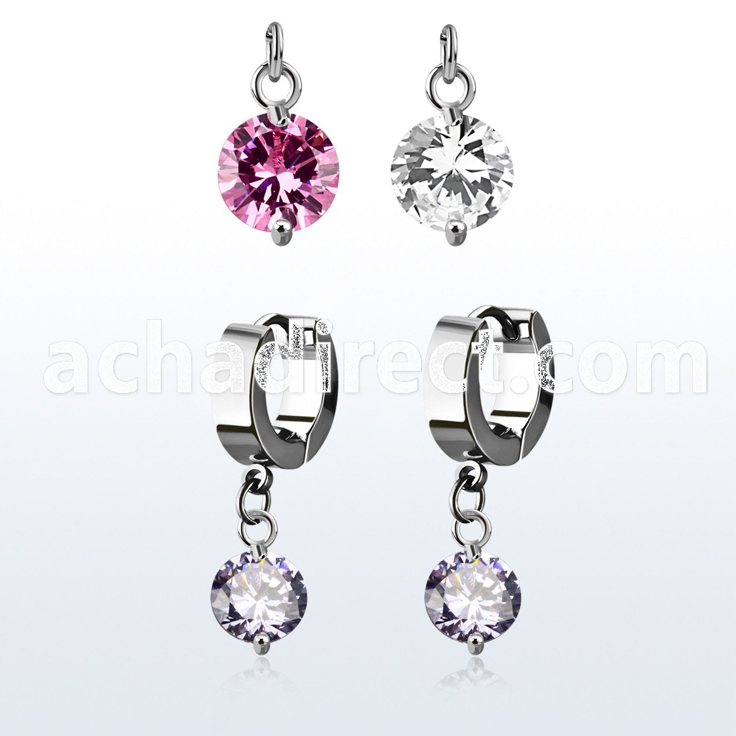 erhz383 steel huggies earrings w dangling twin prong set 10mm cz