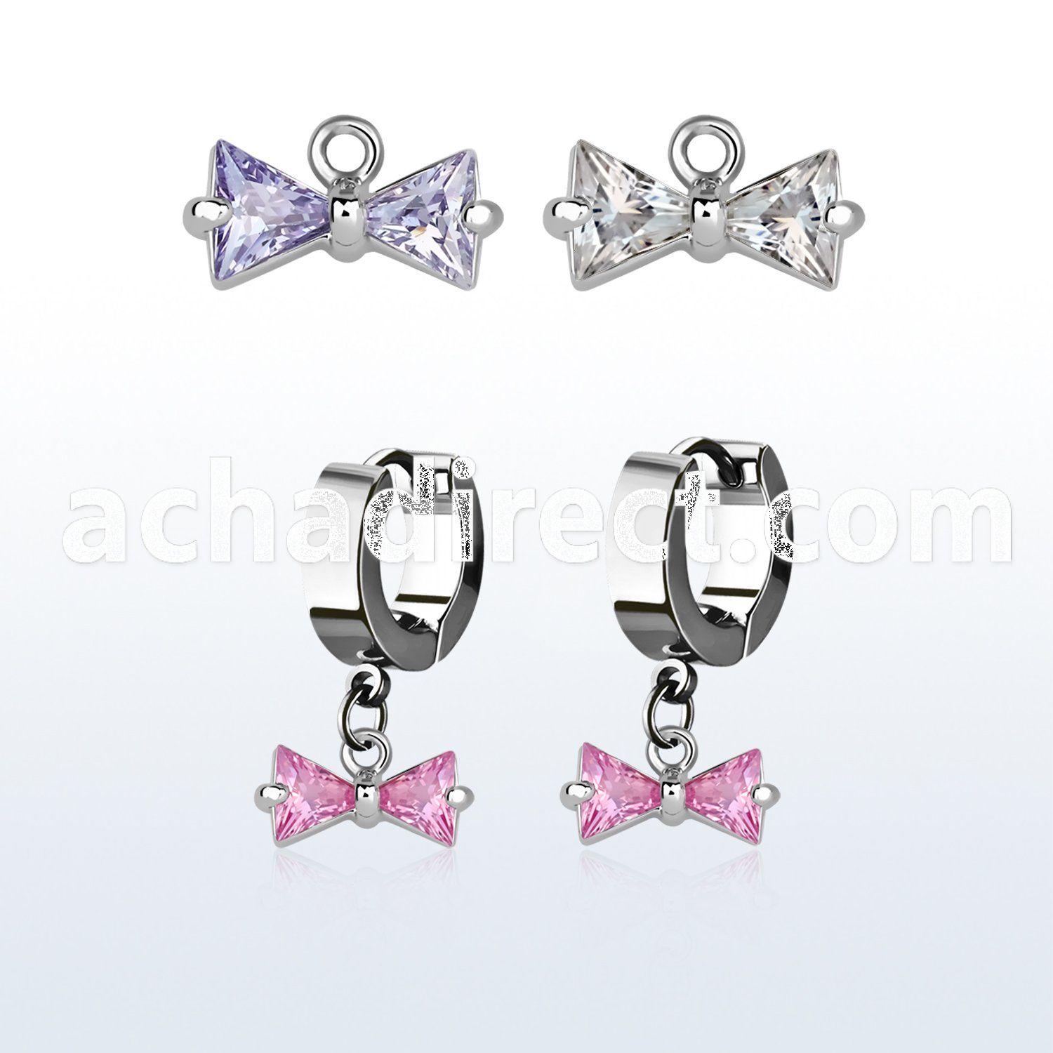 erhz408 steel huggies earrings w dangling prong set cz bow