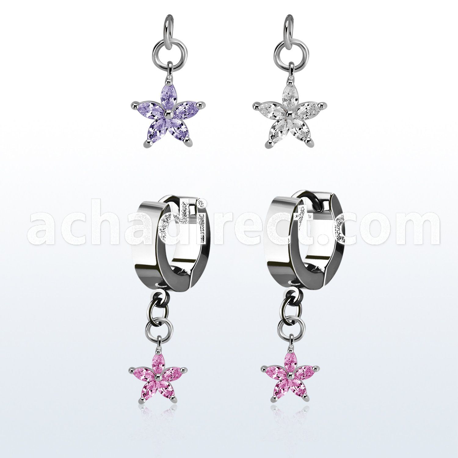 erhz413 steel huggies earrings w dangling flower w prong set cz