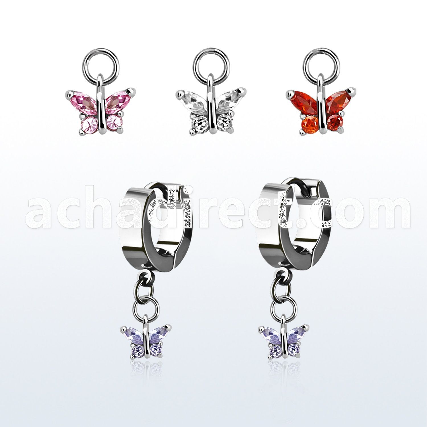 erhz589 stainless steel huggie earring w dangling butterfly