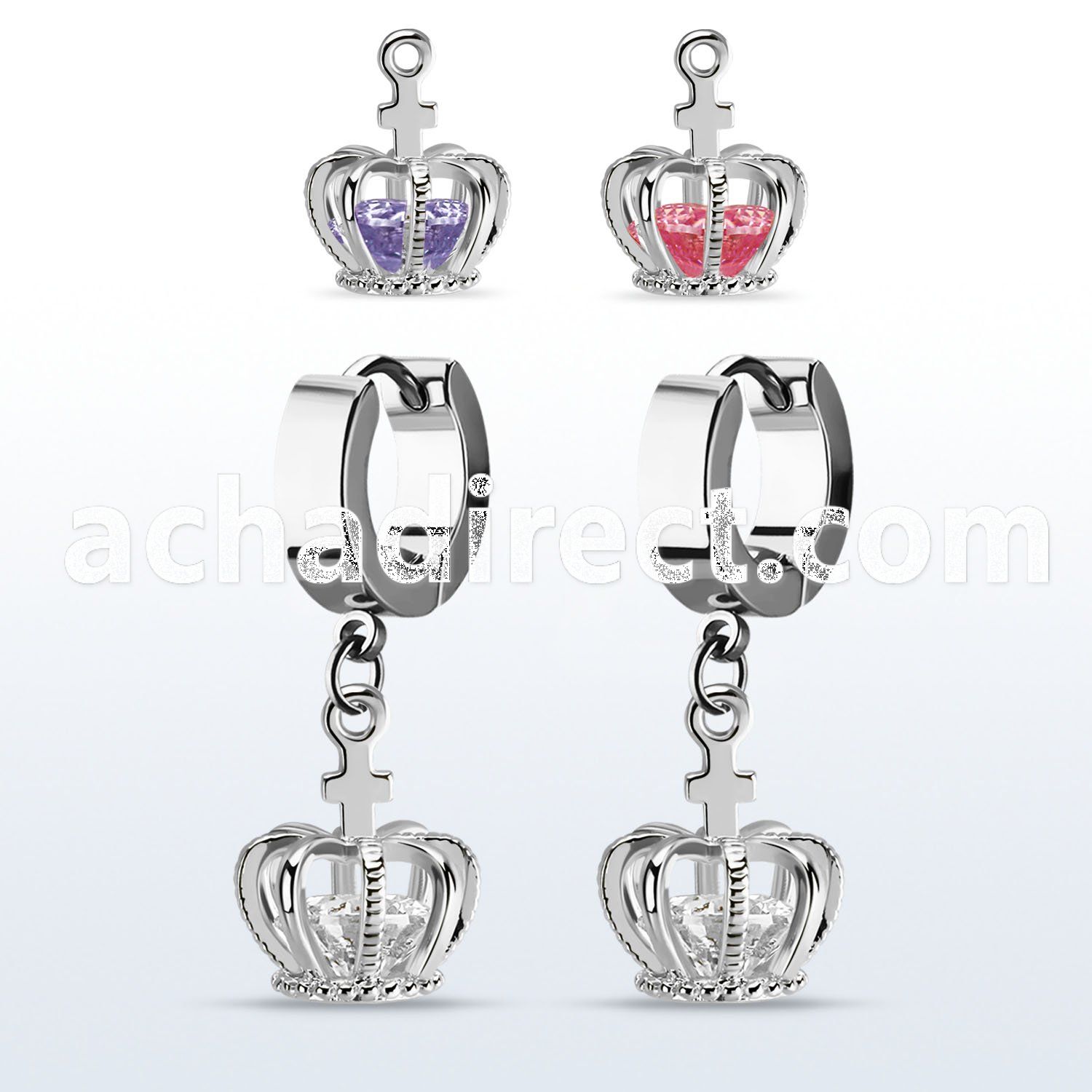 erhz590 stainless steel huggie w dangling crown w cz