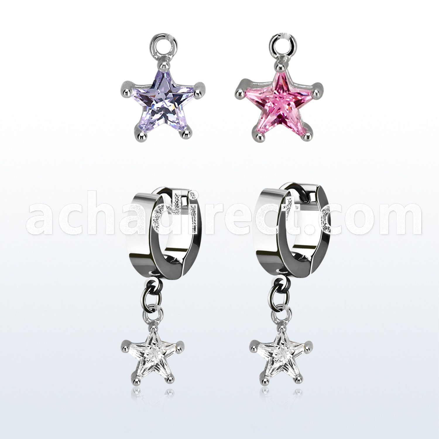 erhzs6 steel huggies earrings w dangling 6mm star shaped cz