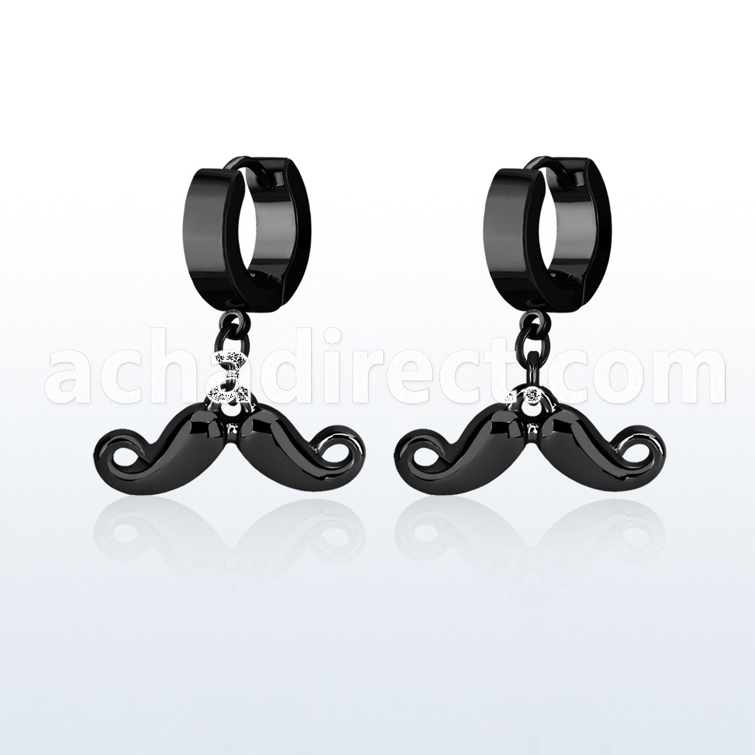 erk518 black steel huggies earrings w dangling up mustache