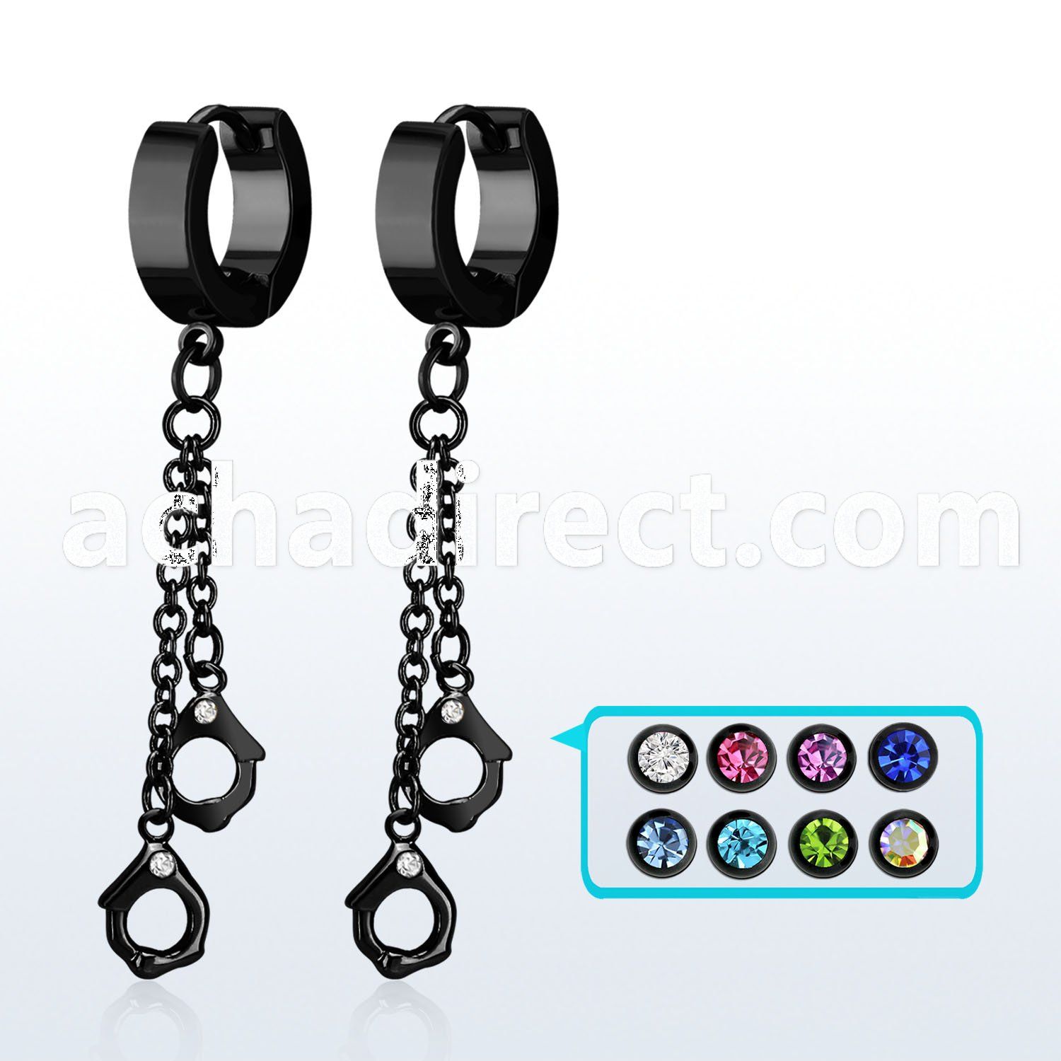 erk652 black steel huggies earrings w dangling handcuffs