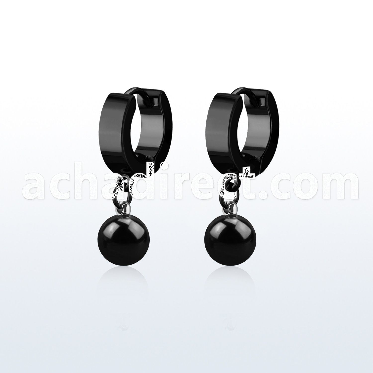 erkbt8 black steel huggies earrings w dangling 8mm ball