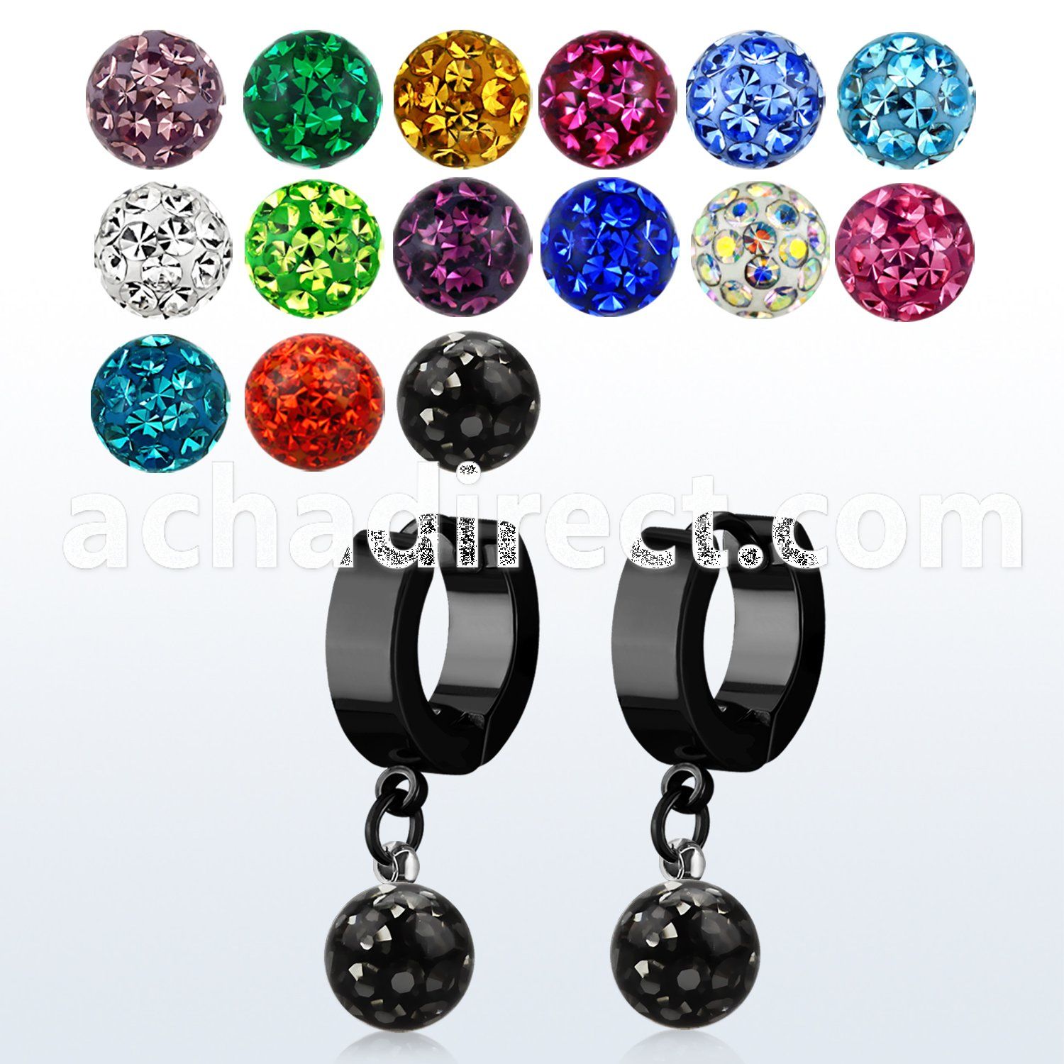 erkfr8 black steel huggies w dangling 8mm multi crystal ball
