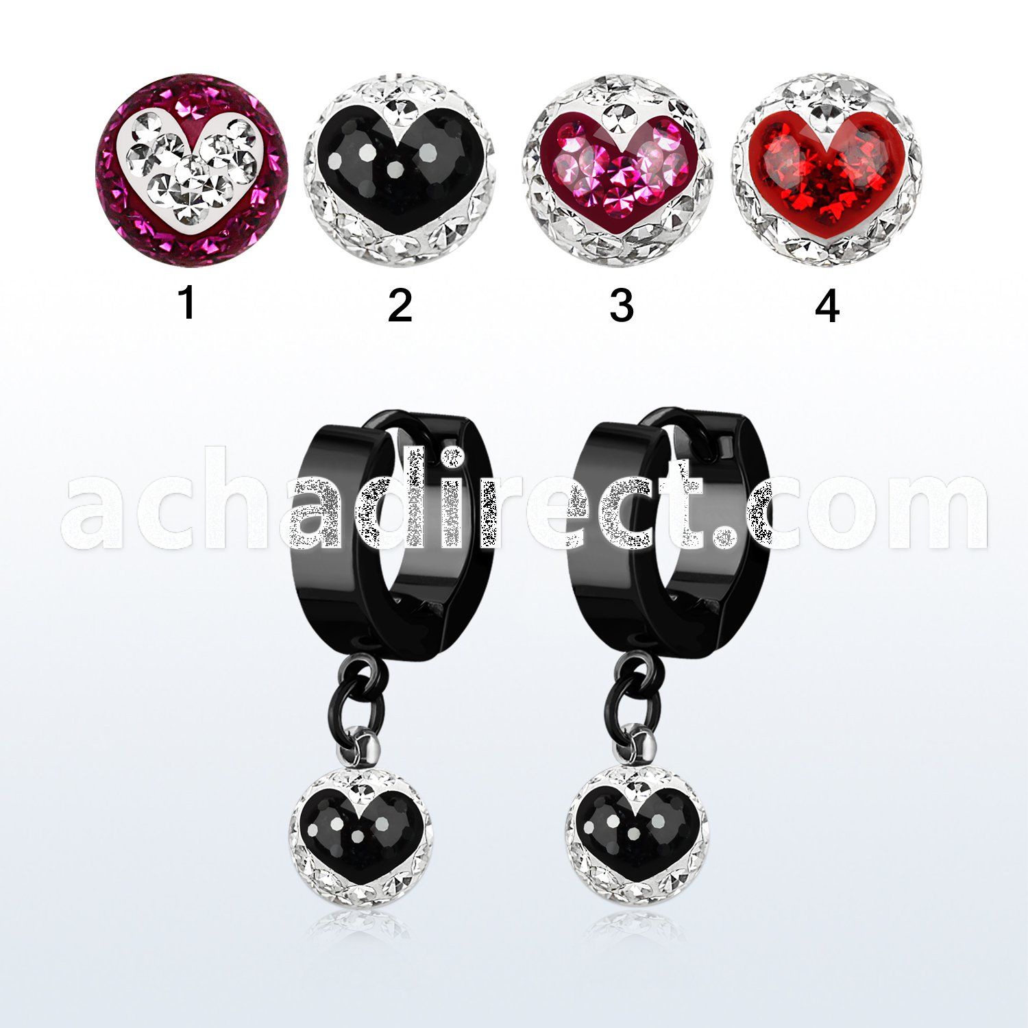 erkfrb8 black steel huggies dangling heart multi crystal ball