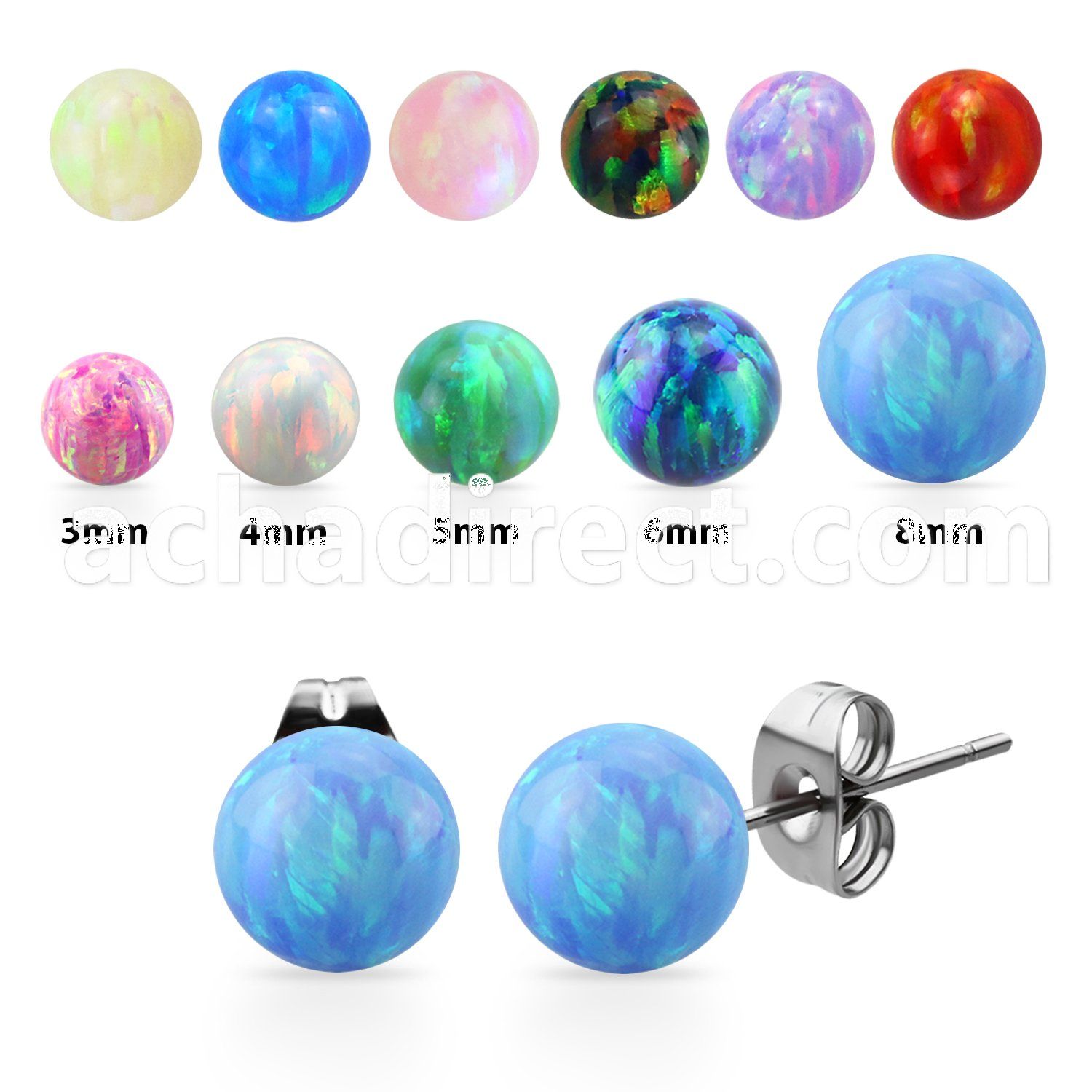 eropb pair of synthetic opal ball surgical steel ear studs