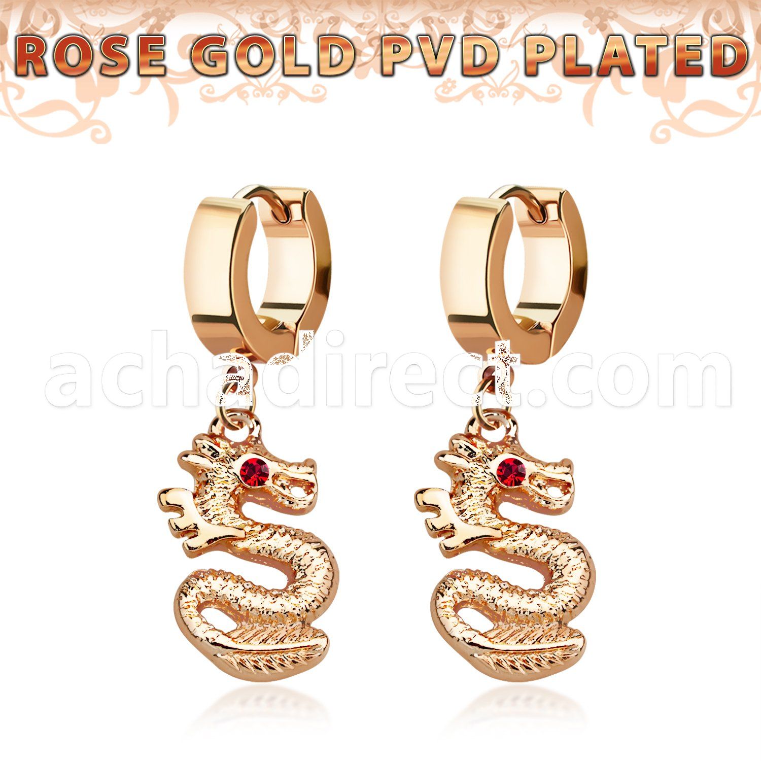 err721 rosegold pvd plated steel earrings dragon pair