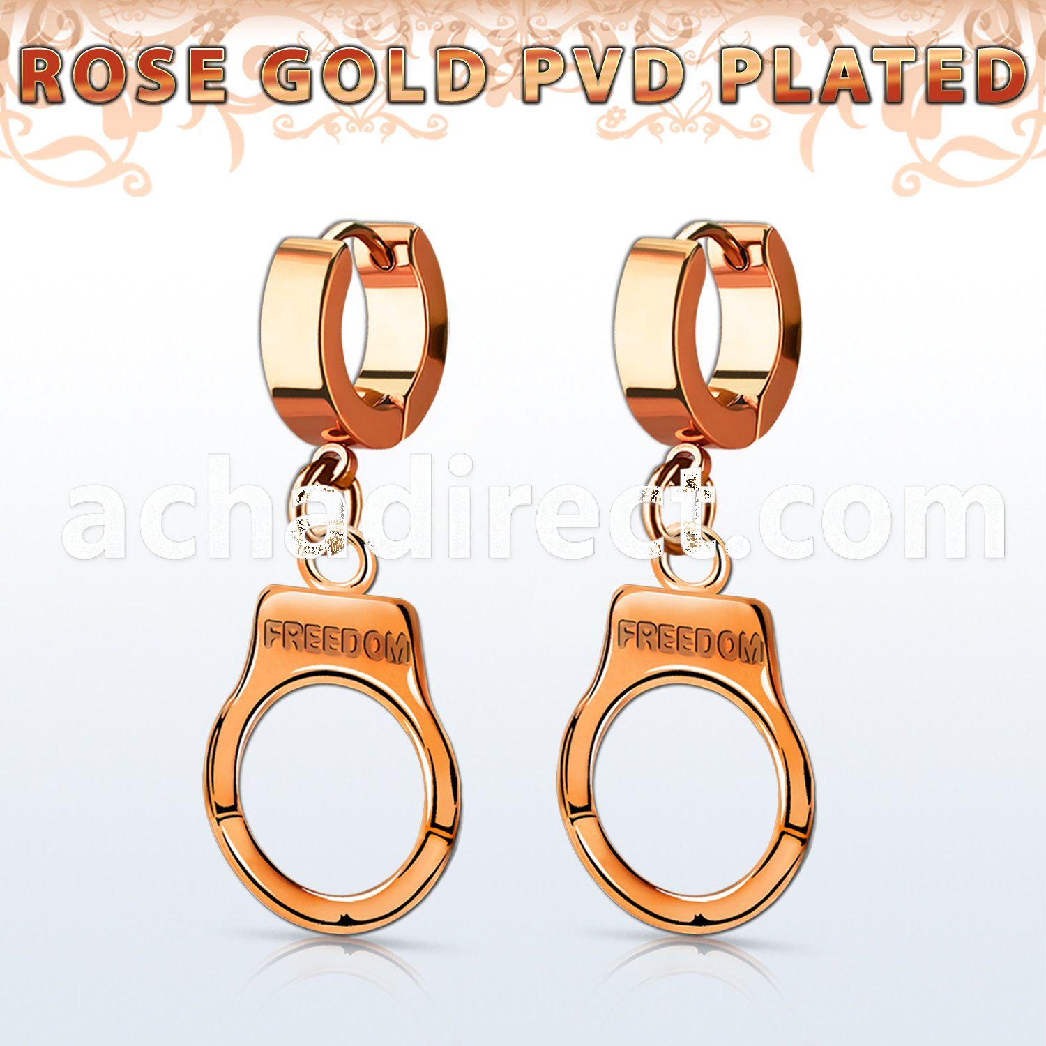 err765 rose gold pvd plated steel huggie w dangling handcuff