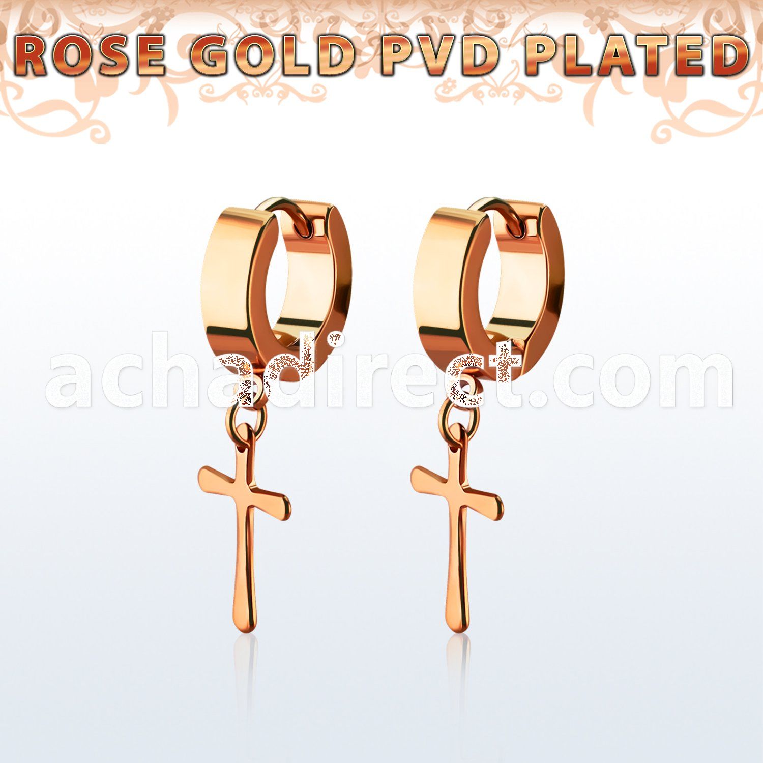 errcrs rose gold steel huggies earrings w dangling plain cross
