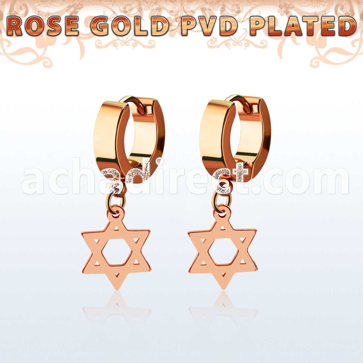 errdsr rose gold steel huggies earrings w dangling david star