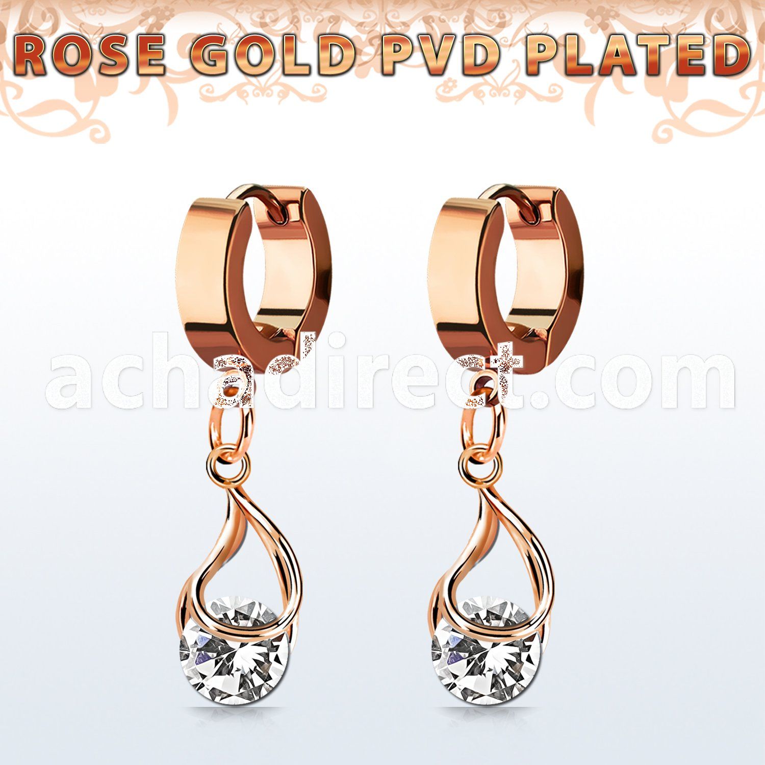 errz416 rose gold pvd plated steel huggie w dangling snap fit cz