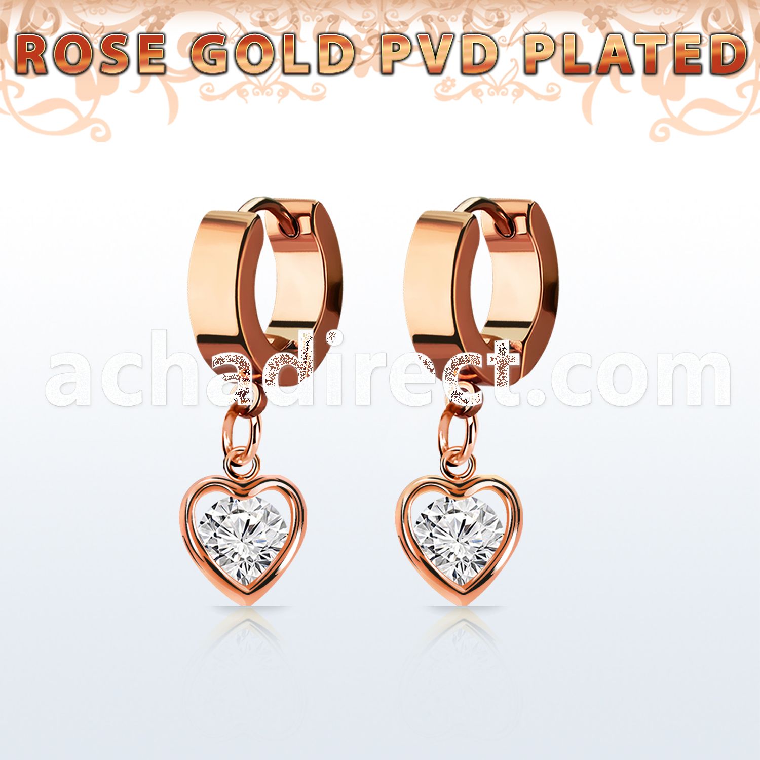 errz419 rose gold pvd plated steel huggie w dangling heart w cz