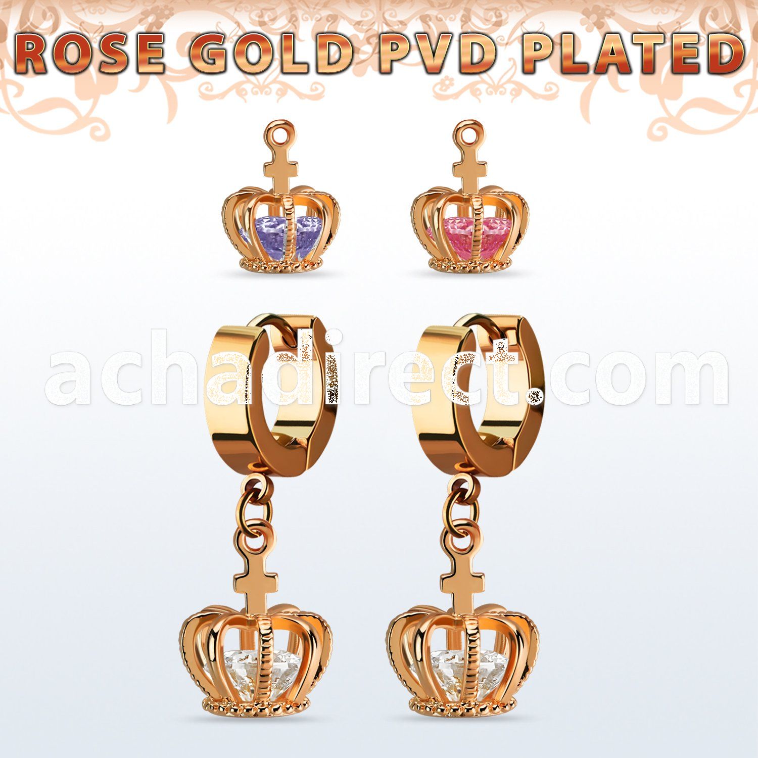 errz590 rose gold stainless steel huggie w dangling crown w cz