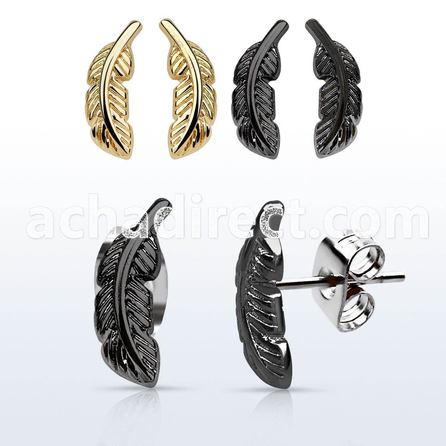 ertfea pair of anodized316l steel ear studs w feather top