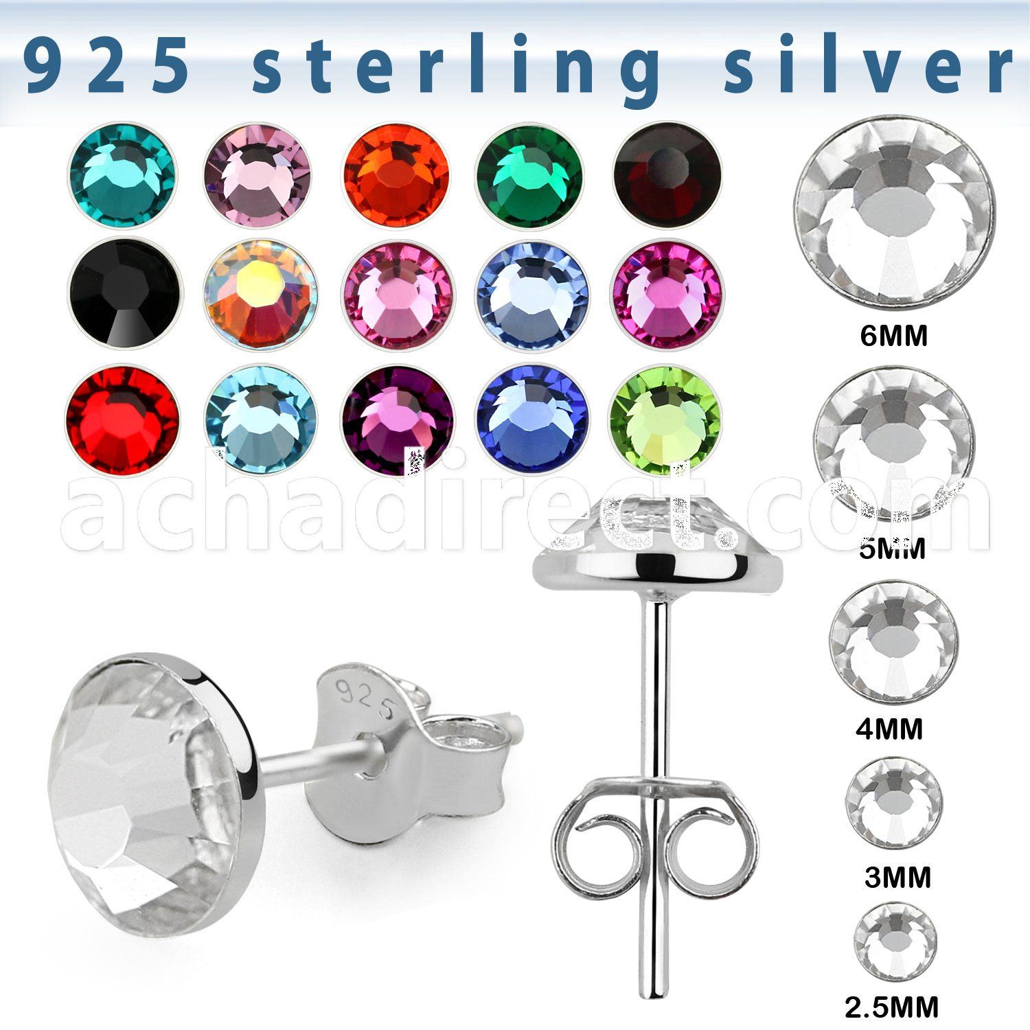 ervfb pair of 925 silver ear studs with extra flat crystal top