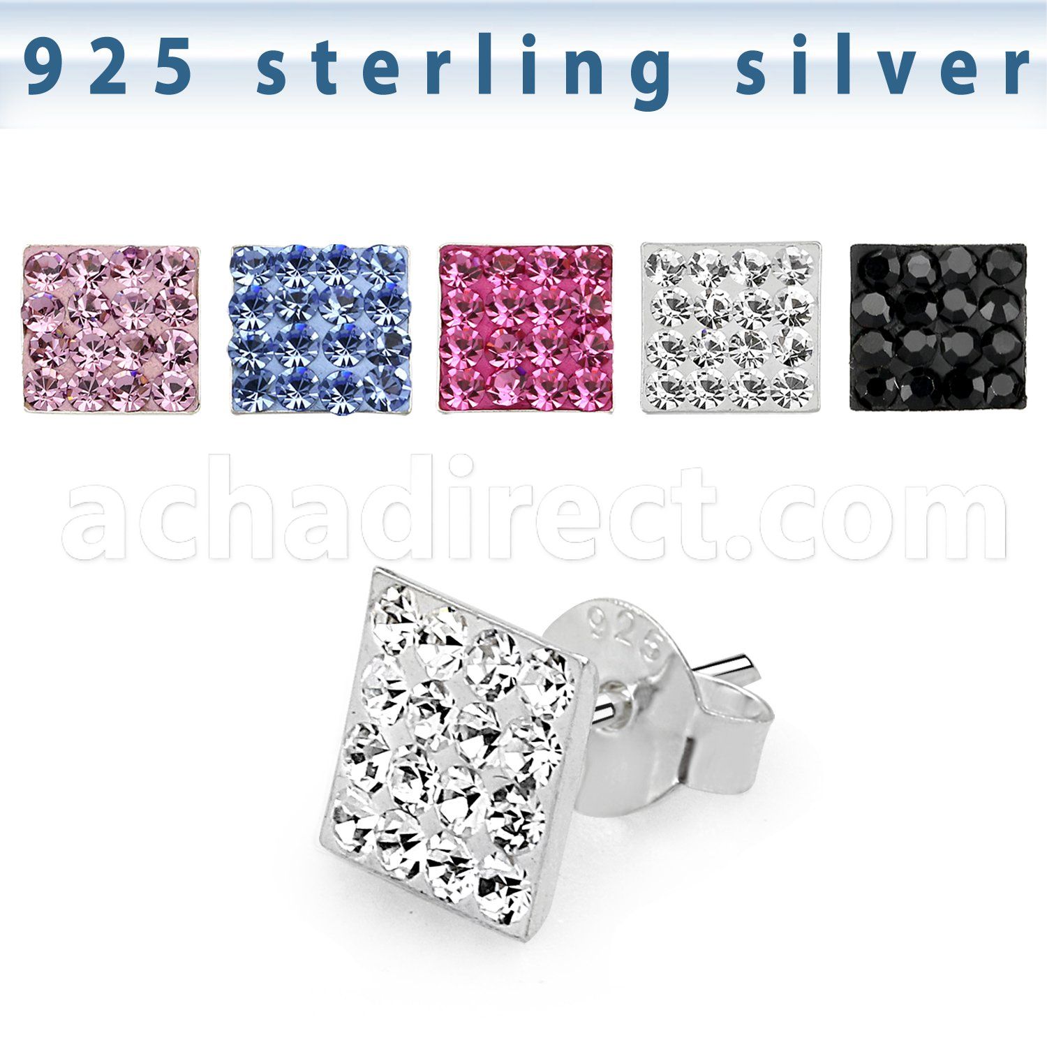 esfd1m 925 silver ear studs w multi crystal 7mm square top