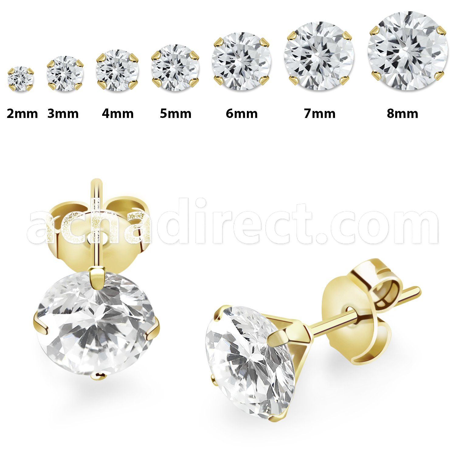 estzr gold pvd plated 316l steel prong ear studs cz