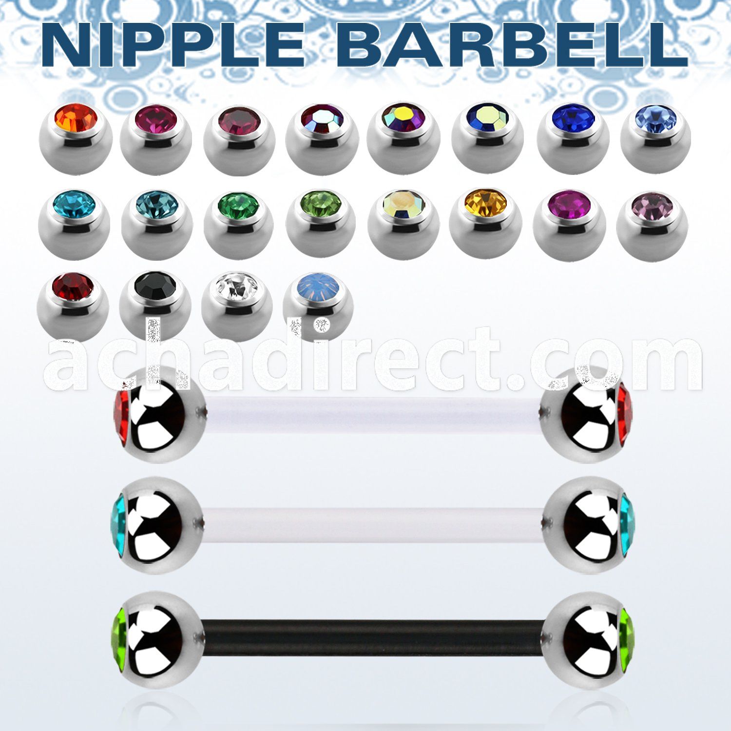 fbbnpjb5 bioflex nipple barbell,1.6mm w 5mm steel jewel balls