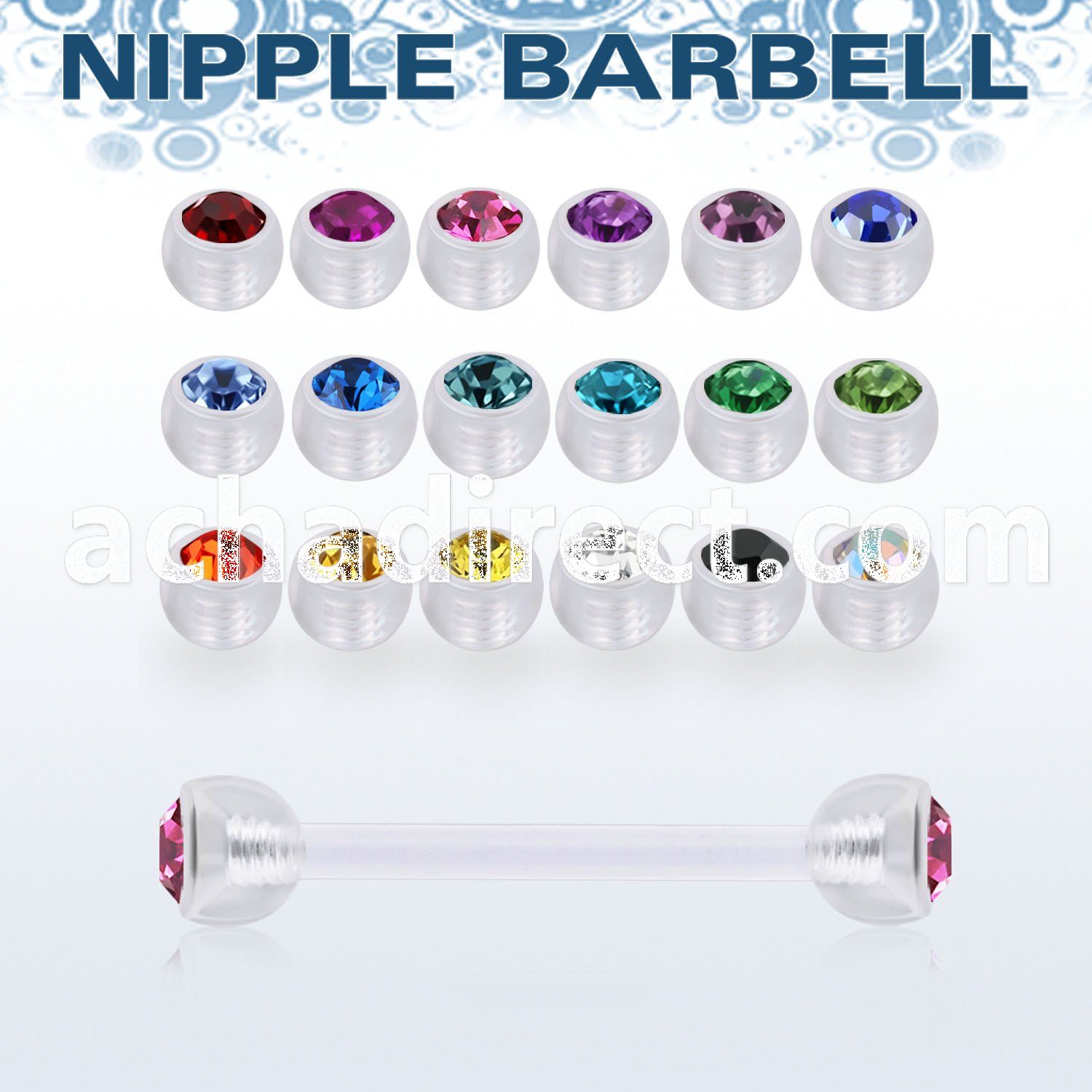 fnpajb5 bioflex nipple barbell, 14g w 5mm bezel set jewel balls
