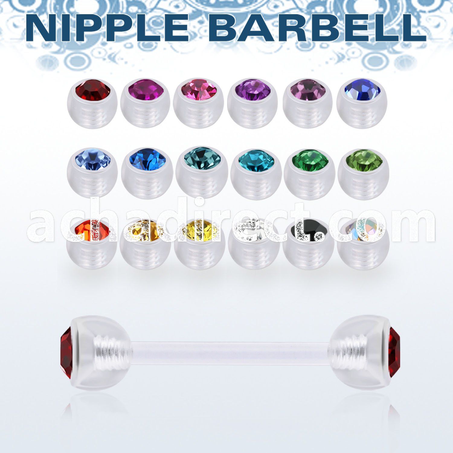 fnpajb6 bioflex nipple barbell, 14g w 6mm bezel set jewel balls