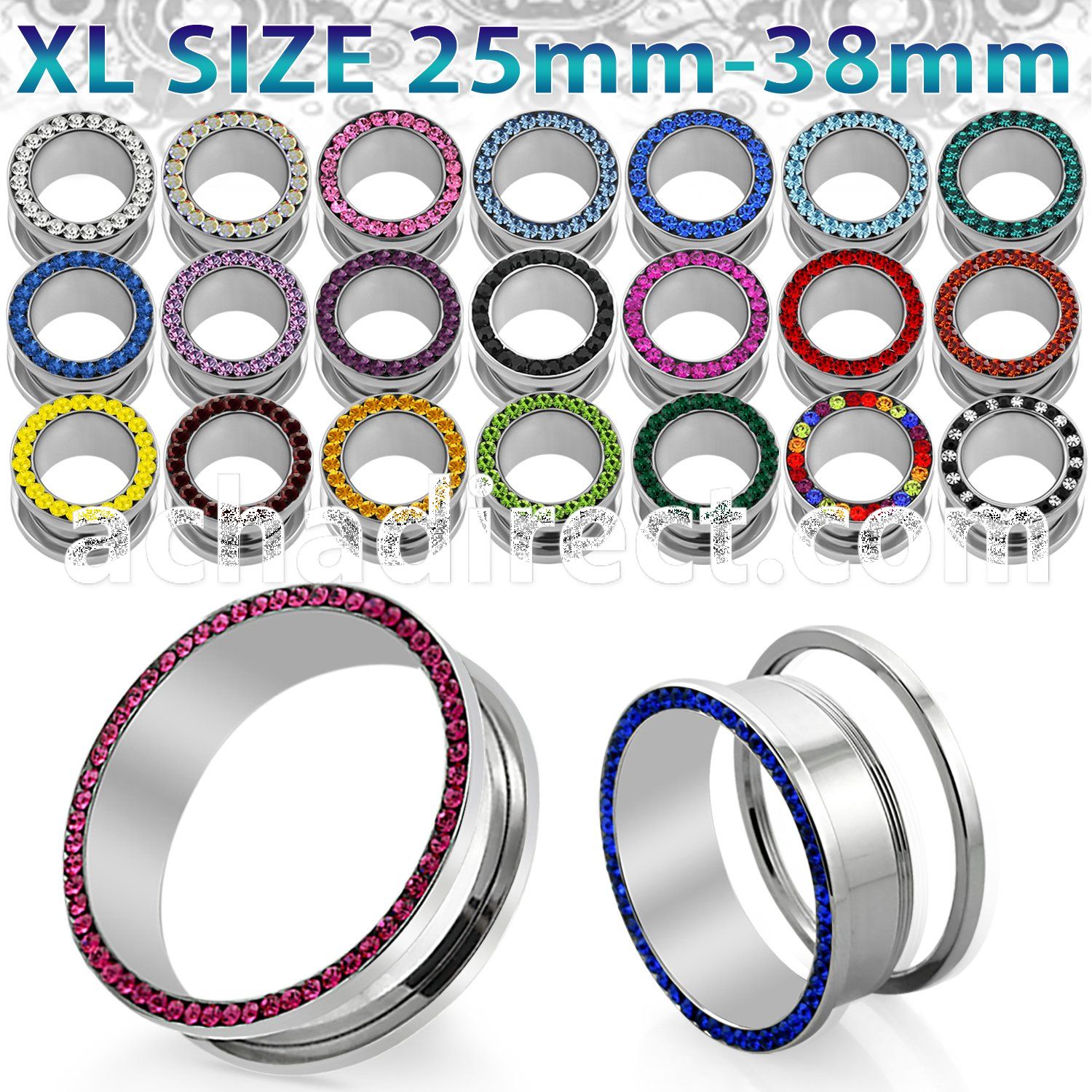 fscpcxl xl polished 316l steel screw fit tunnel with crystal rim