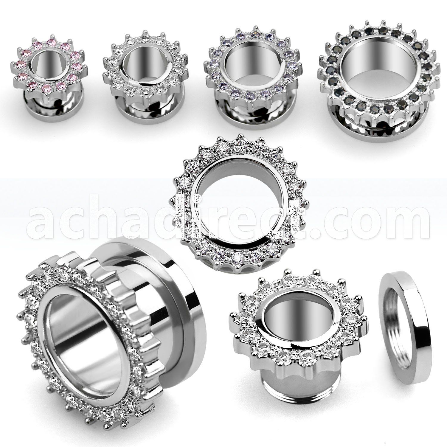 fspcz 316l steel flesh tunnel w rim of prong set cz stones