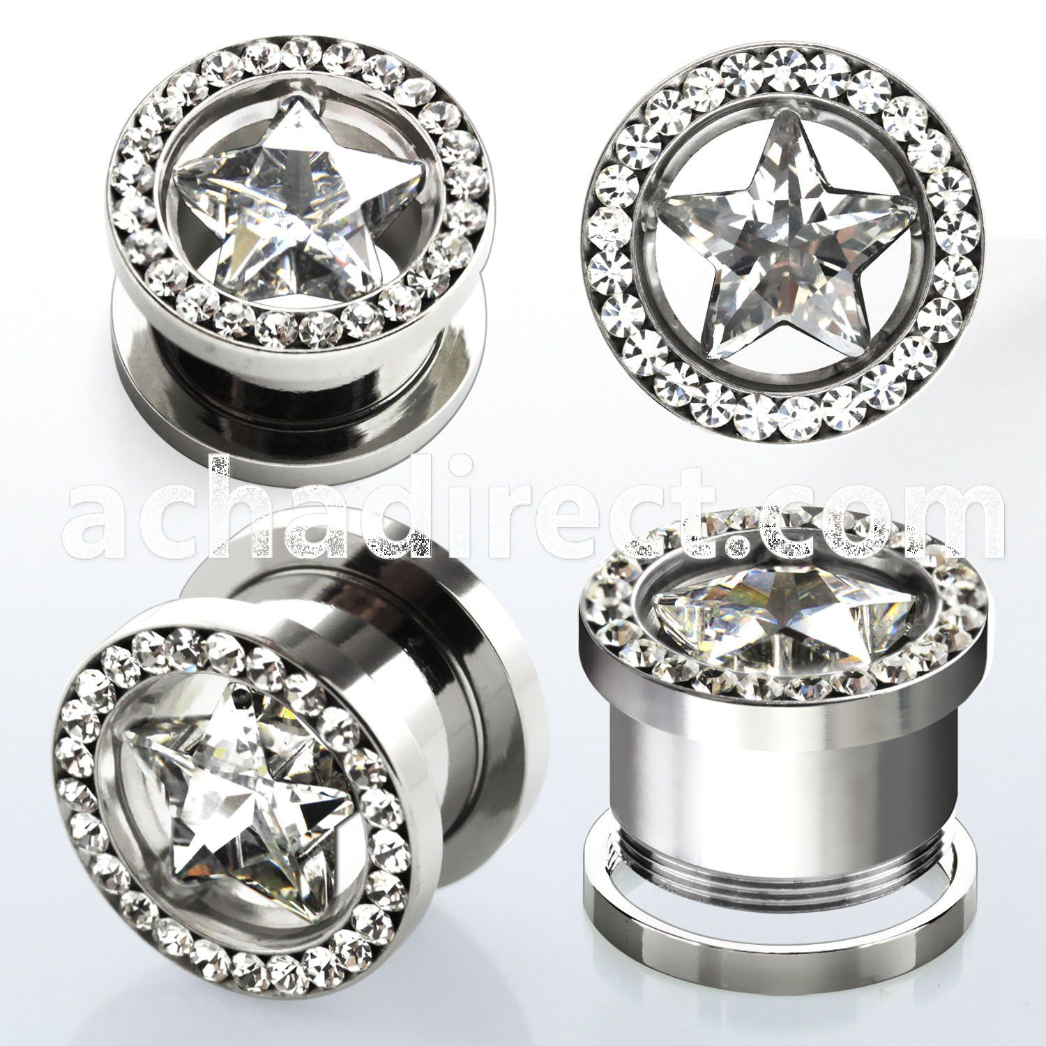 fszc 316l steel screw fit tunnel w star cz crystal rim