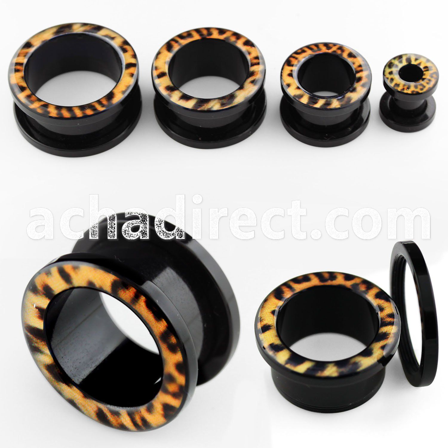 ftac black acrylic screw fit flesh tunnel with leopard fur
