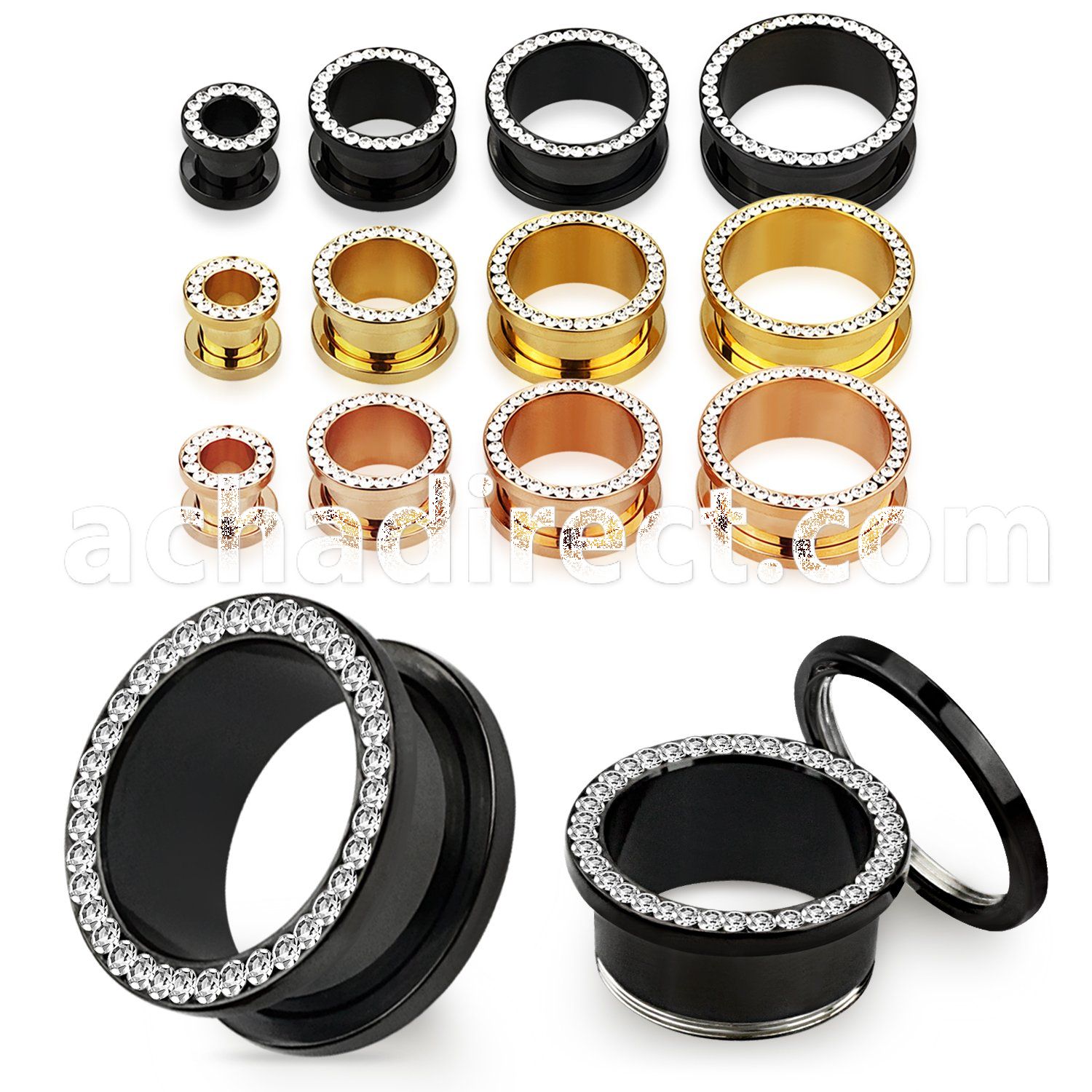 ftscpc pvd 316l steel flesh tunnel with crystal studded rim