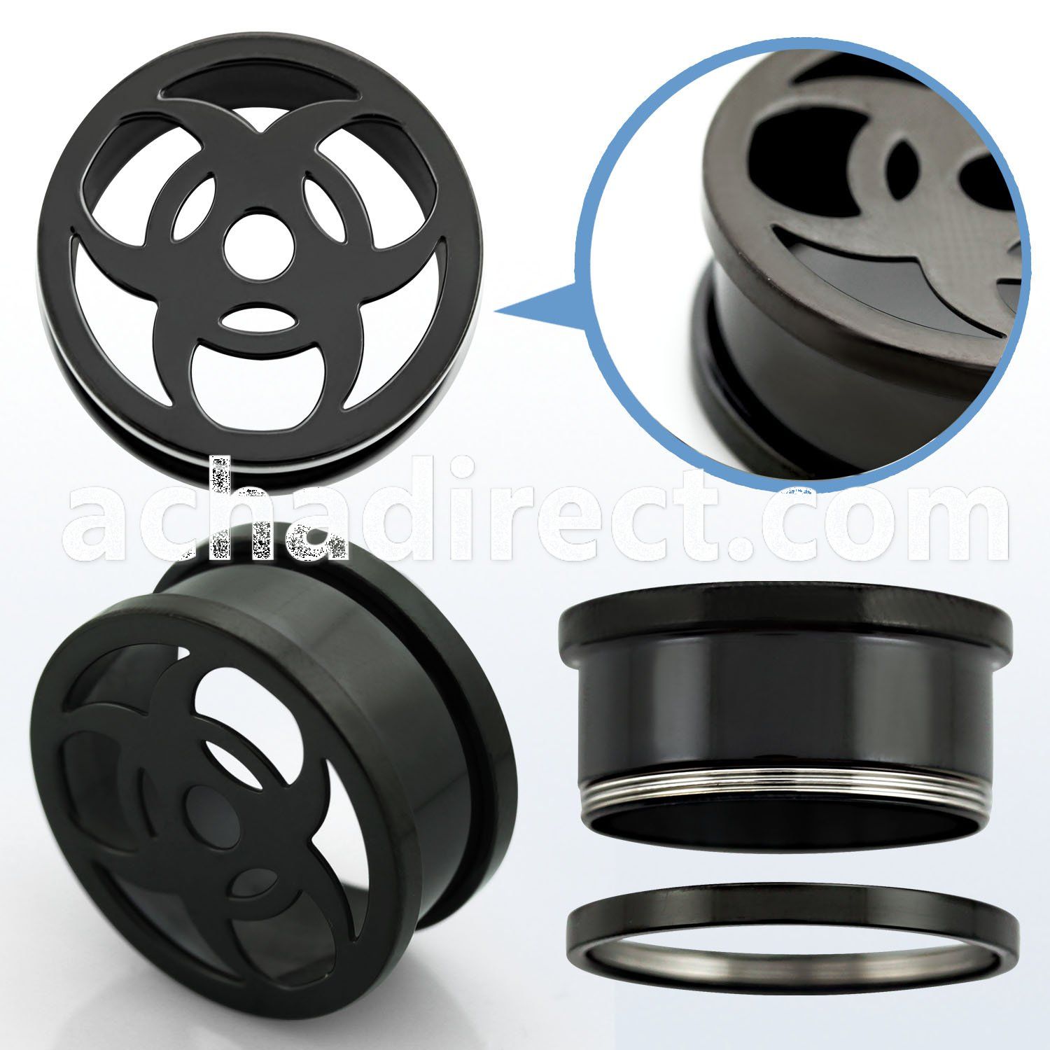 ftsha black pvd steel screw fit flesh tunnel with bio hazard