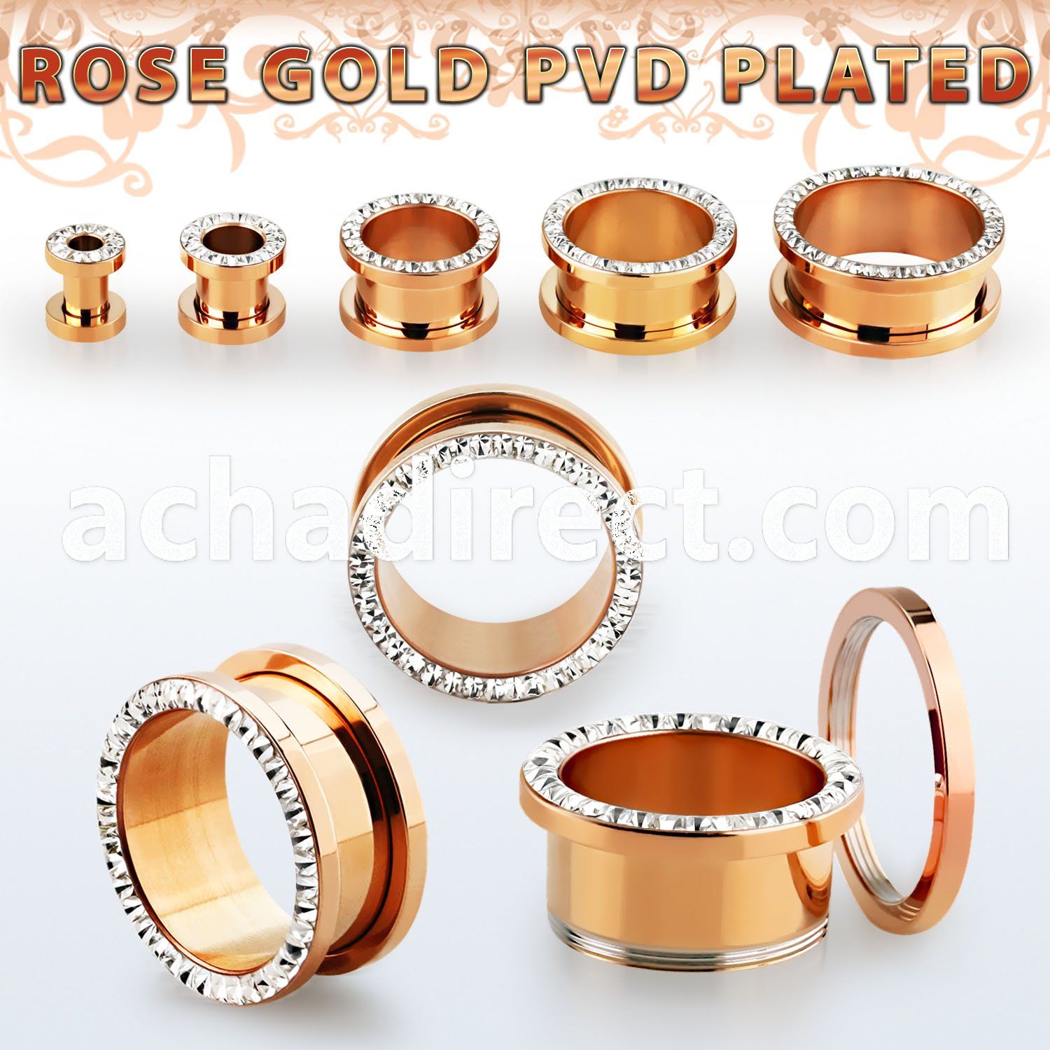 fttspfr rose gold 316l steel flesh tunnel w ferido crystal rim