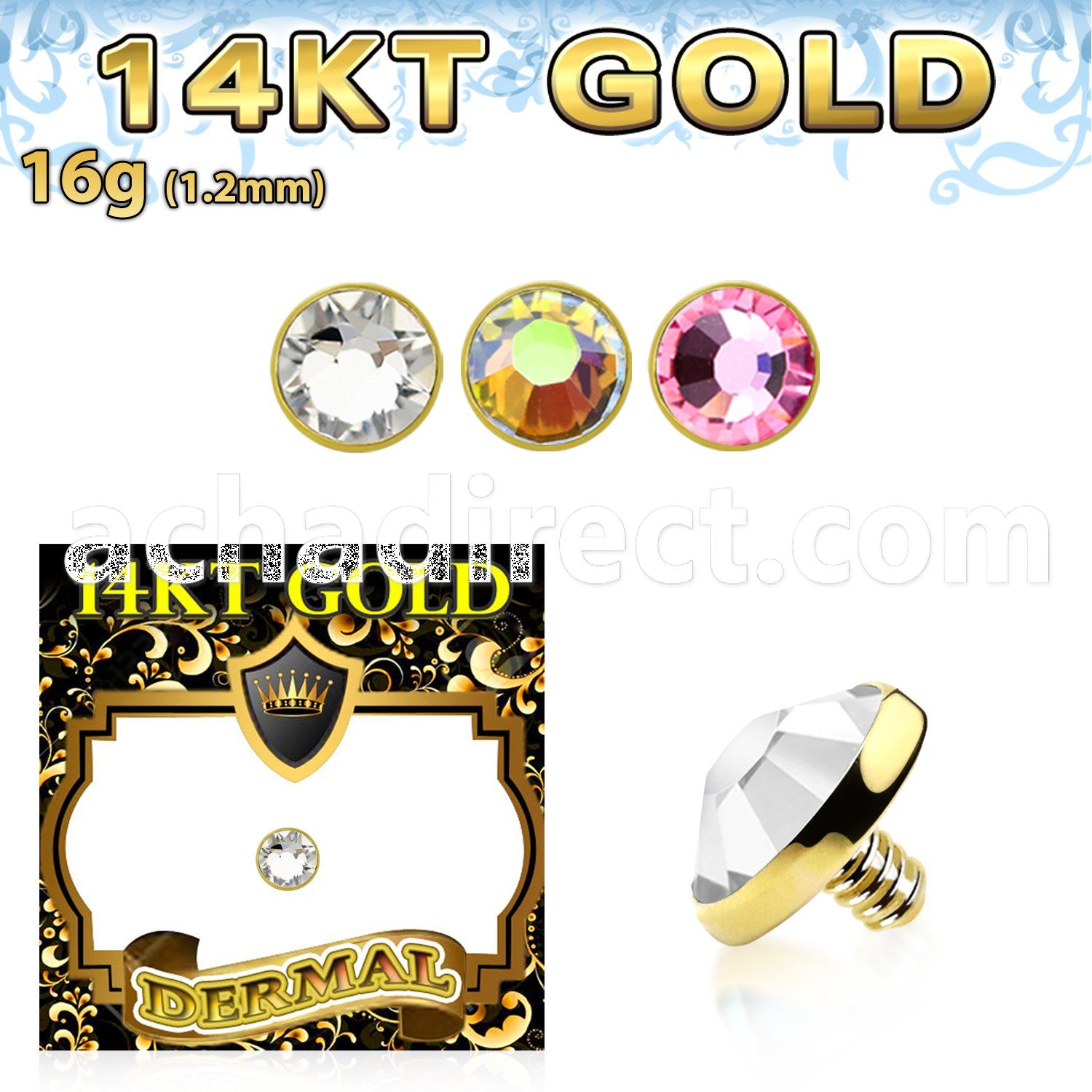 g14ifb4 4mm solid 14k gold dermal anchor top part w set crystal