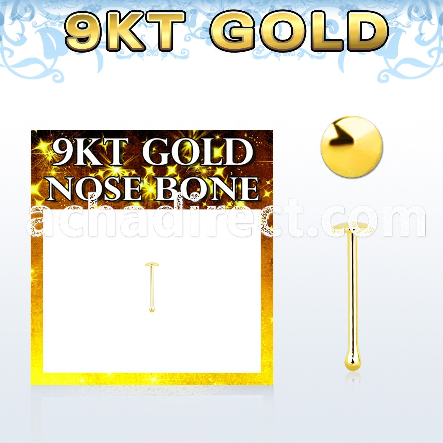 g9brd 9kt gold nose bone with a 2mm plain gold round top