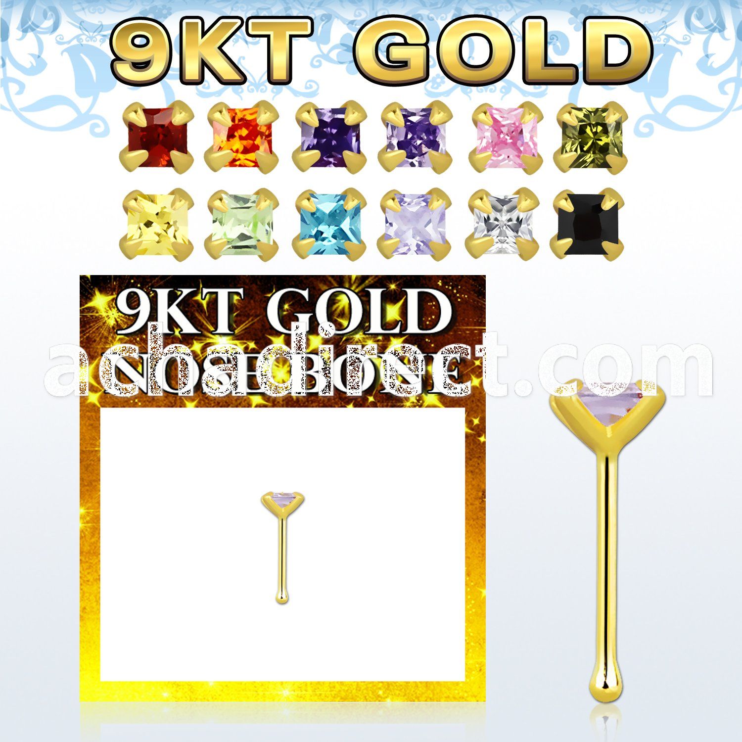 g9nbqm1 9kt gold nose bone, 22g  w 2mm square prong set cz stone