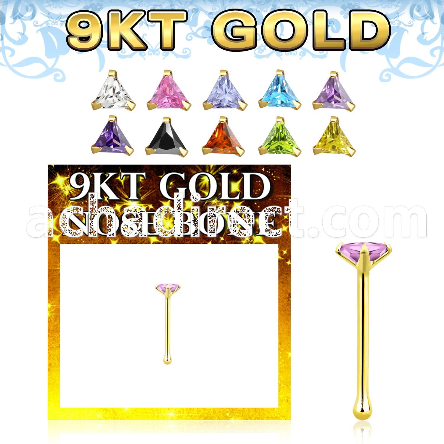 g9nbtm1 9kt gold nose bone 22g w 3mm prong set triangle cz