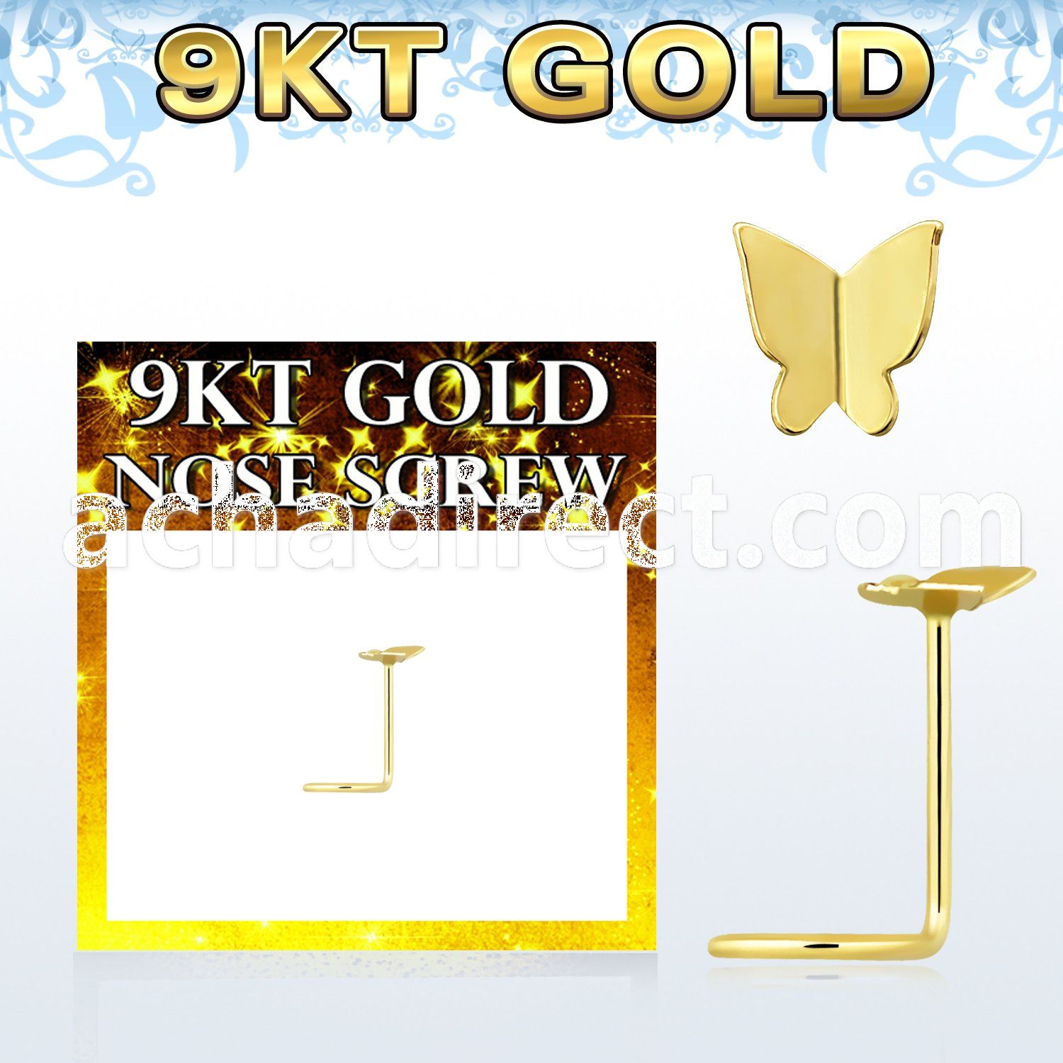 g9sbt2 9kt gold nose screw w a 3.5mm plain gold butterfly top