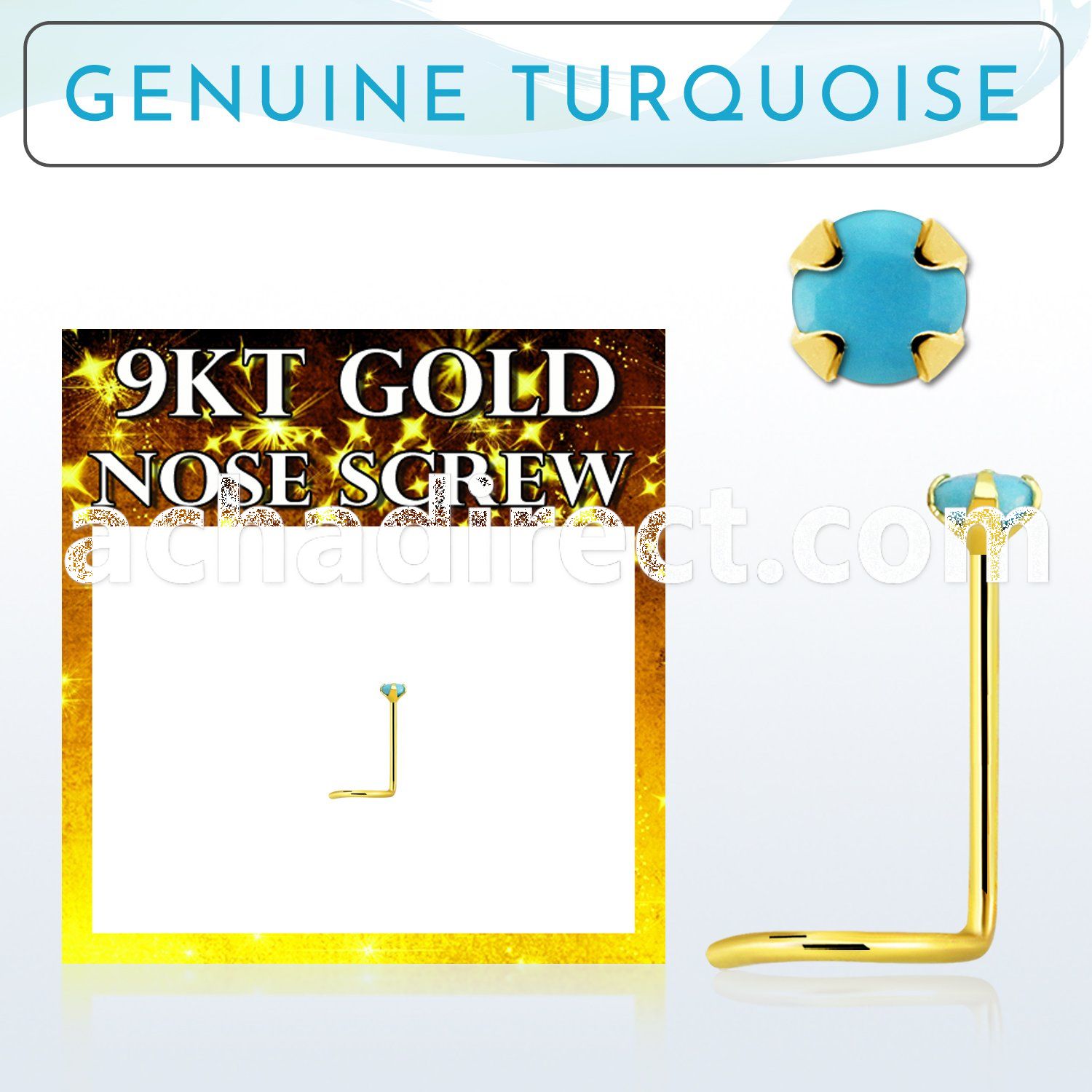 g9scge7 9kt gold nose screw w 2mm prong set turquoise stone