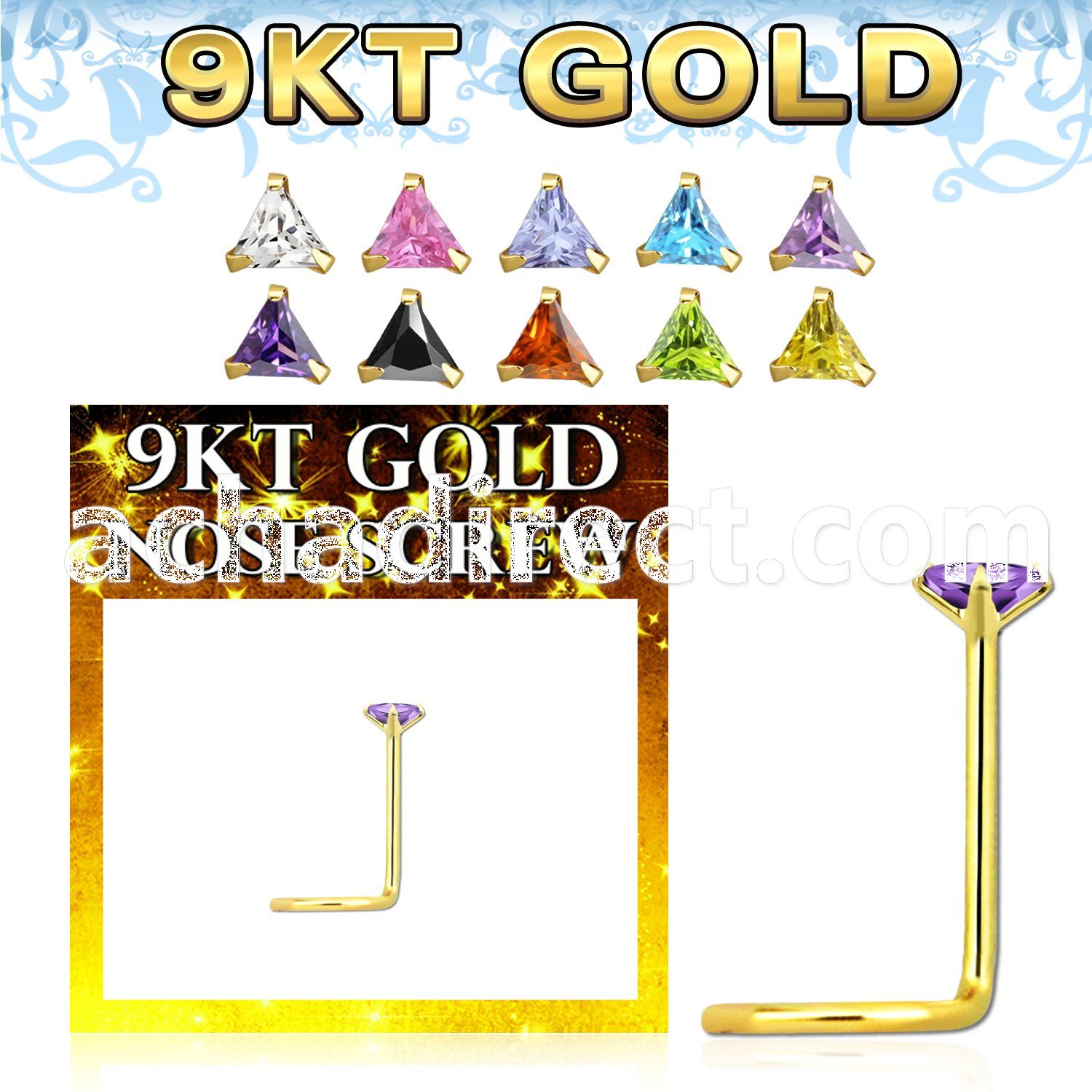 g9sztm1 9kt gold nose screw 22g w3mm triangle shaped prong set cz